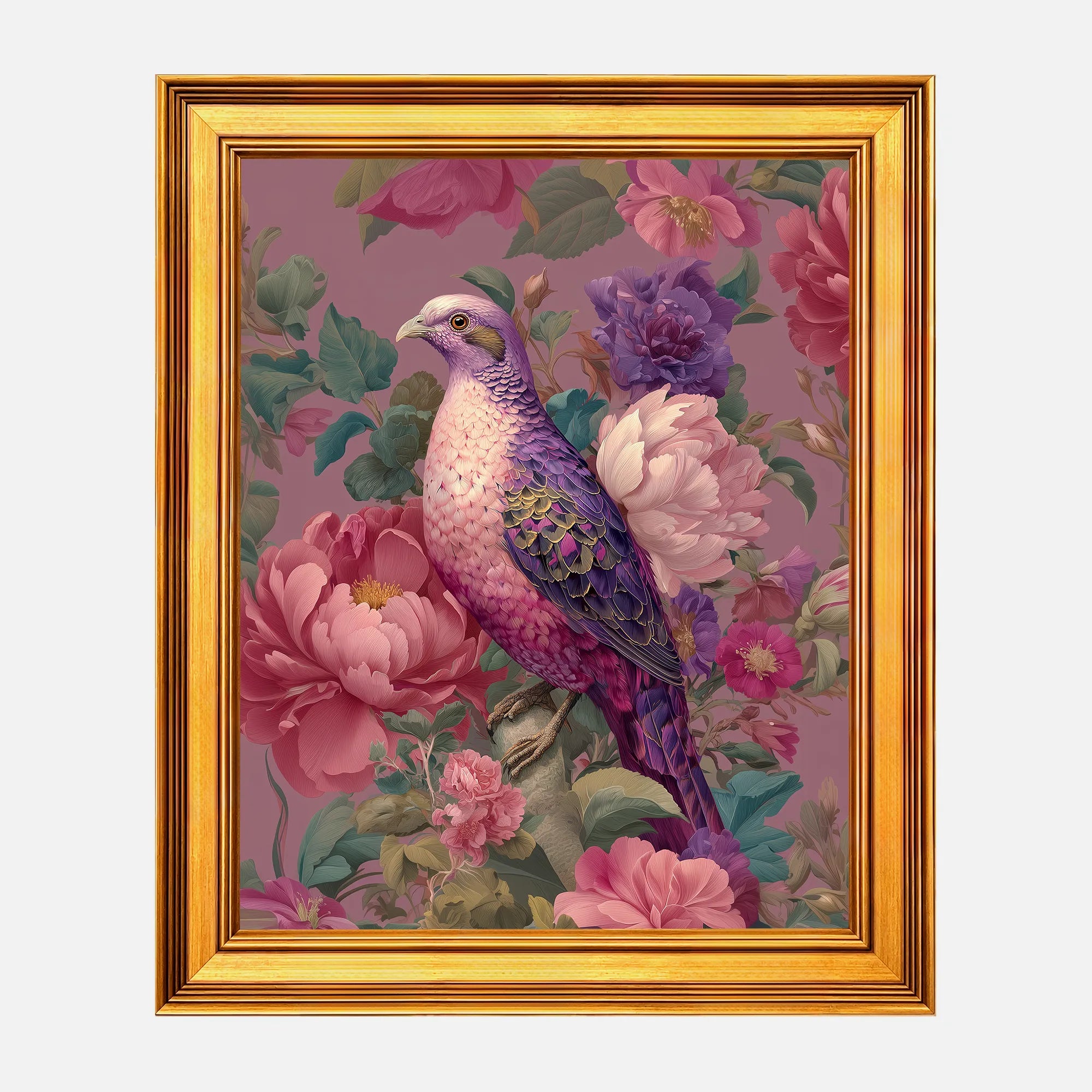 Jewel Dove in Pink Peonies framed wall art in a burnished antique gold frame, 16 x 20 inch print size with 19.5 x 23.5 inch framed dimensions.