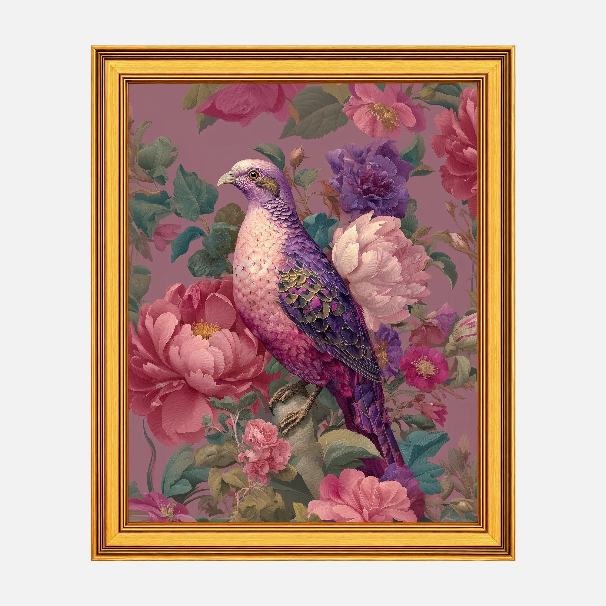 Jewel Dove in Pink Peonies framed fine art print in a burnished antique gold frame, 20 x 25 inch print size with 23.5 x 28.5 inch framed dimensions.