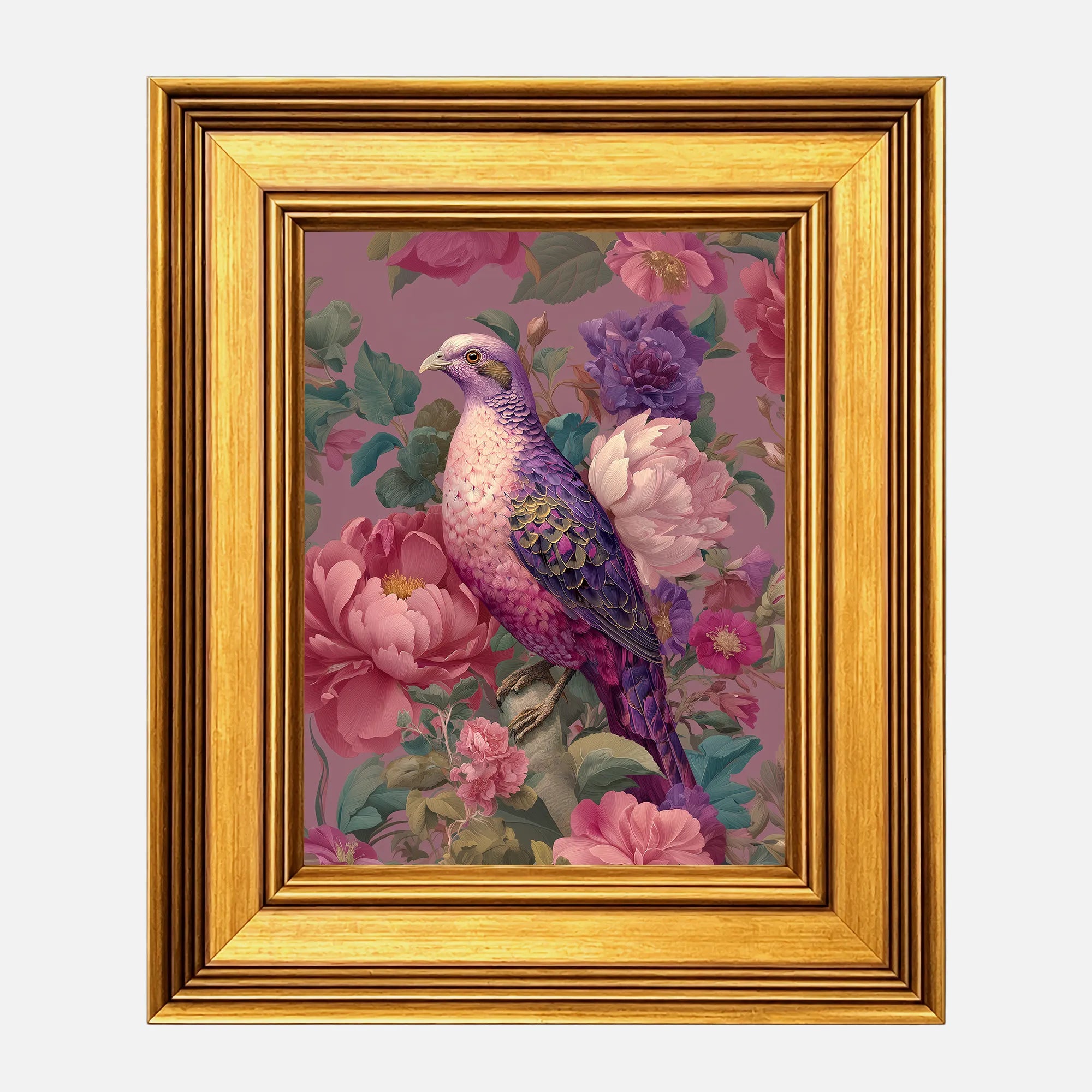 Jewel Dove in Pink Peonies framed wall art in a burnished antique gold frame, 8 x 10 inch print size with 11.5 x 13.5 inch framed dimensions.