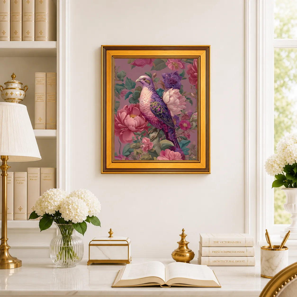 Jewel Dove in Pink Peonies framed wall art displayed above a traditional desk with peonies, books, brass decor, and a burnished antique gold frame.