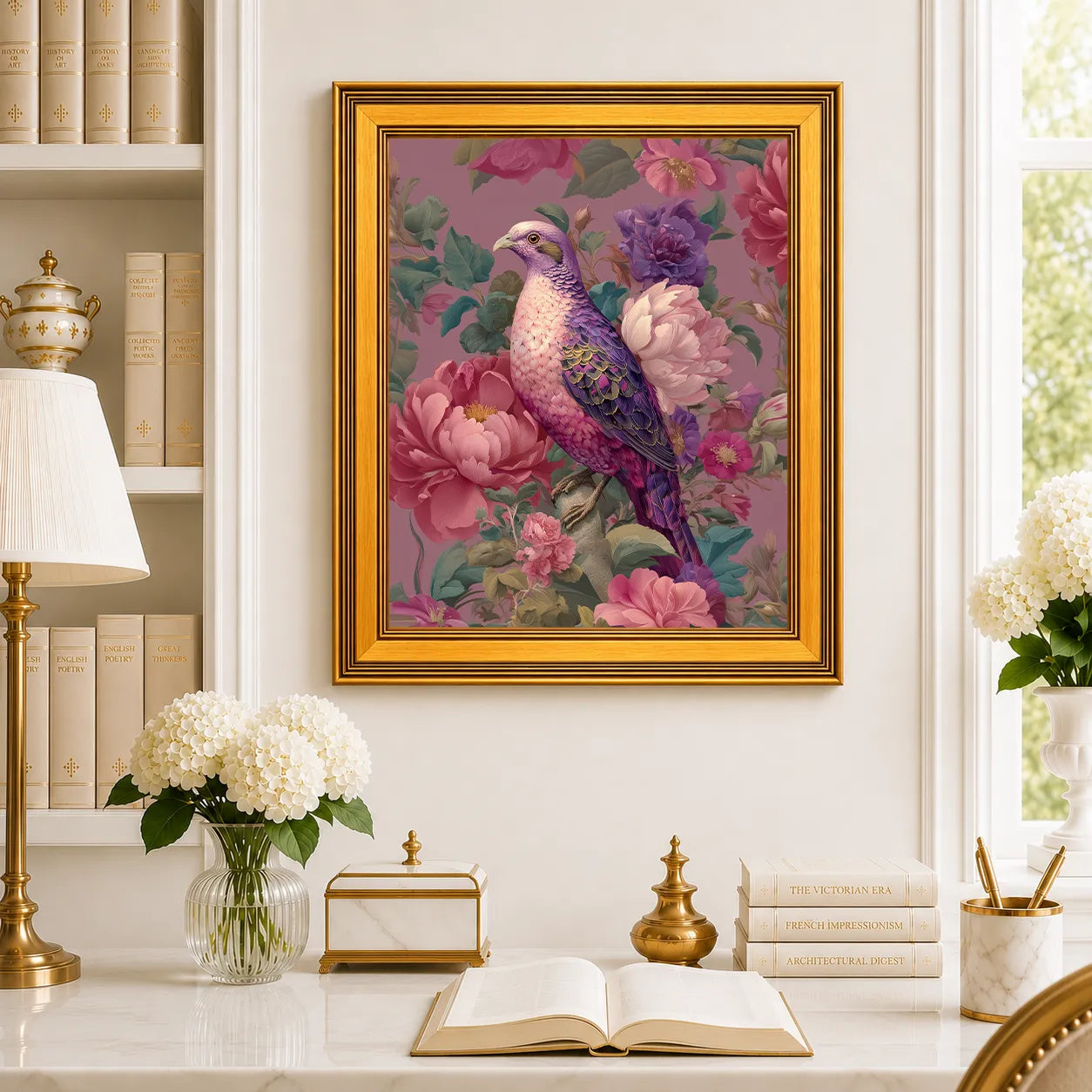 Large Jewel Dove in Pink Peonies framed wall art displayed in a traditional study with peonies, antique books, brass accents, and a burnished antique gold frame.