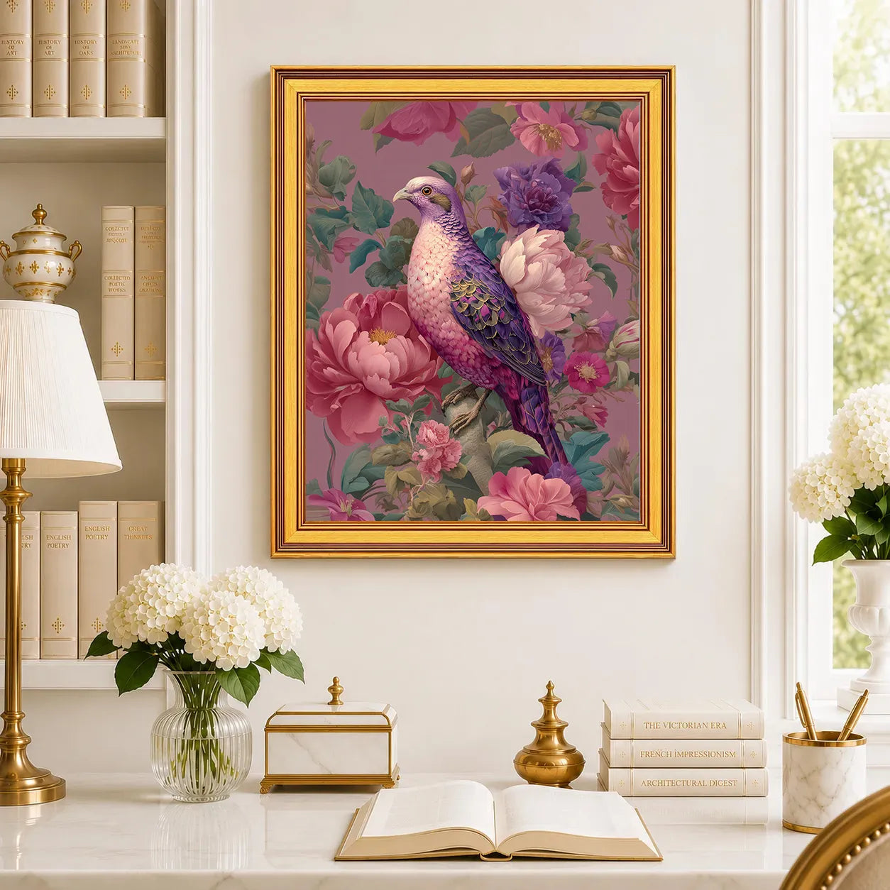 Large Jewel Dove in Pink Peonies framed wall art displayed in a traditional study with peonies, antique books, brass accents, and a burnished antique gold frame.