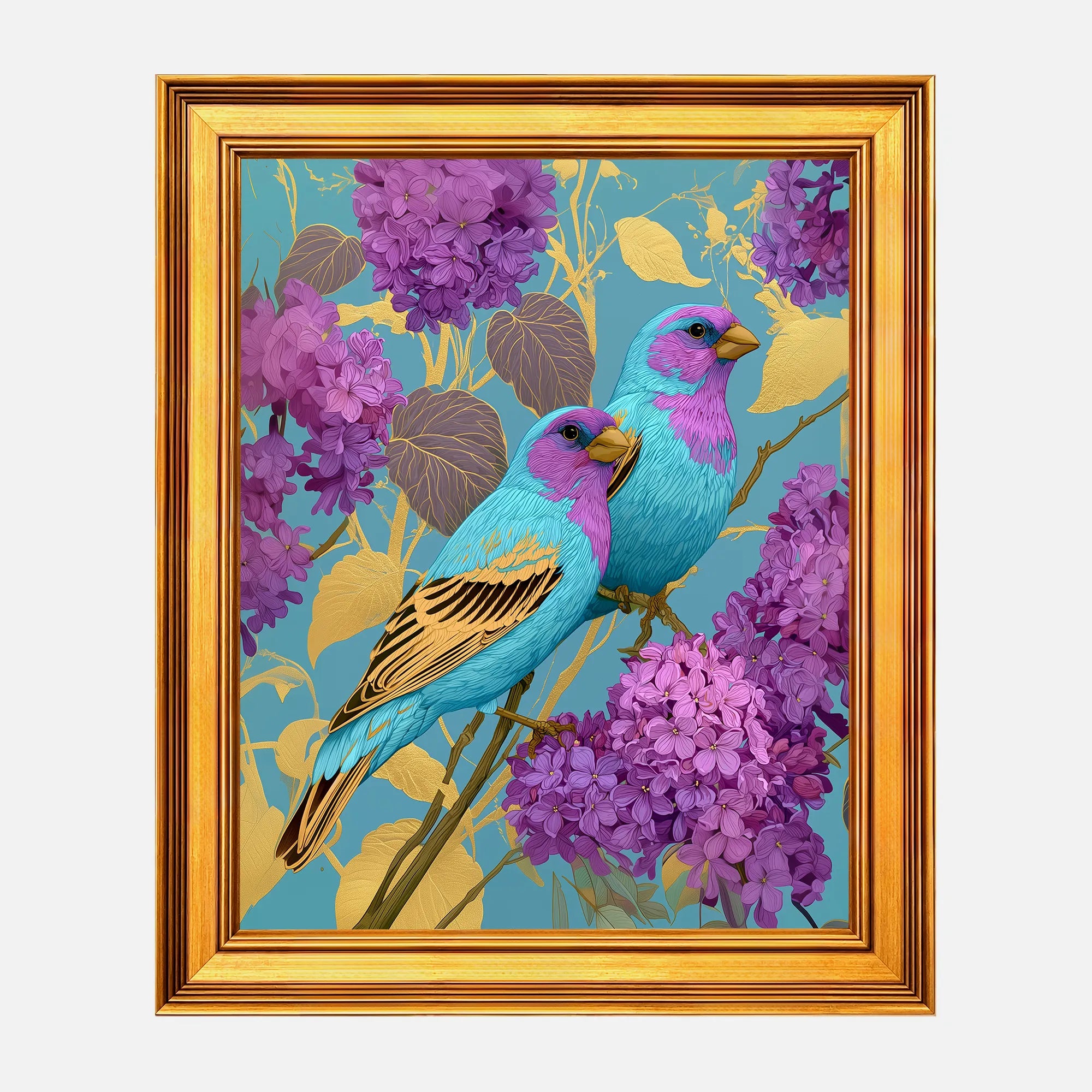 Jewel Finches in Wild Lilac framed wall art in a burnished antique gold frame, 16 x 20 inch print size with 19.5 x 23.5 inch framed dimensions.