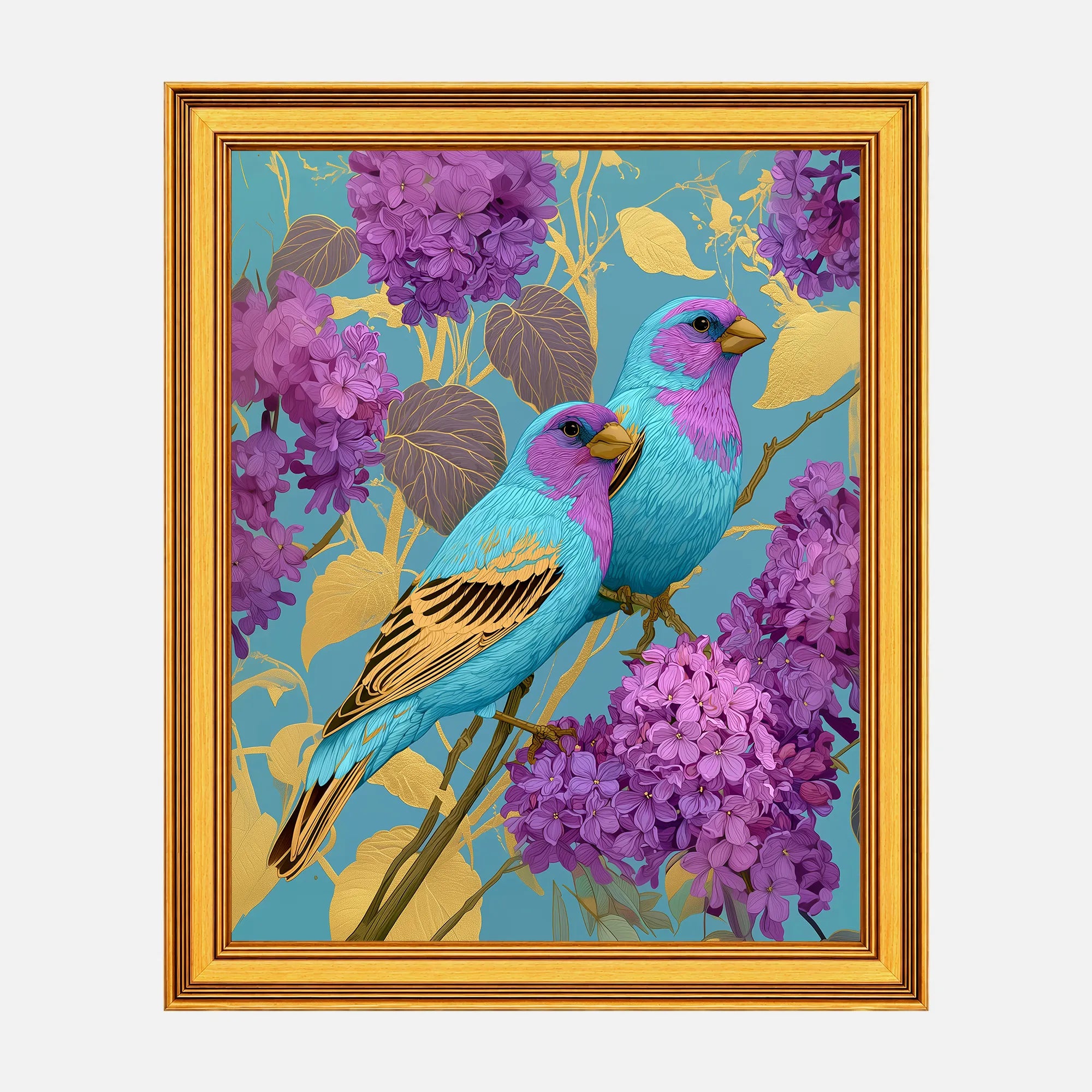Jewel Finches in Wild Lilac framed fine art print in a burnished antique gold frame, 20 x 25 inch print size with 23.5 x 28.5 inch framed dimensions.