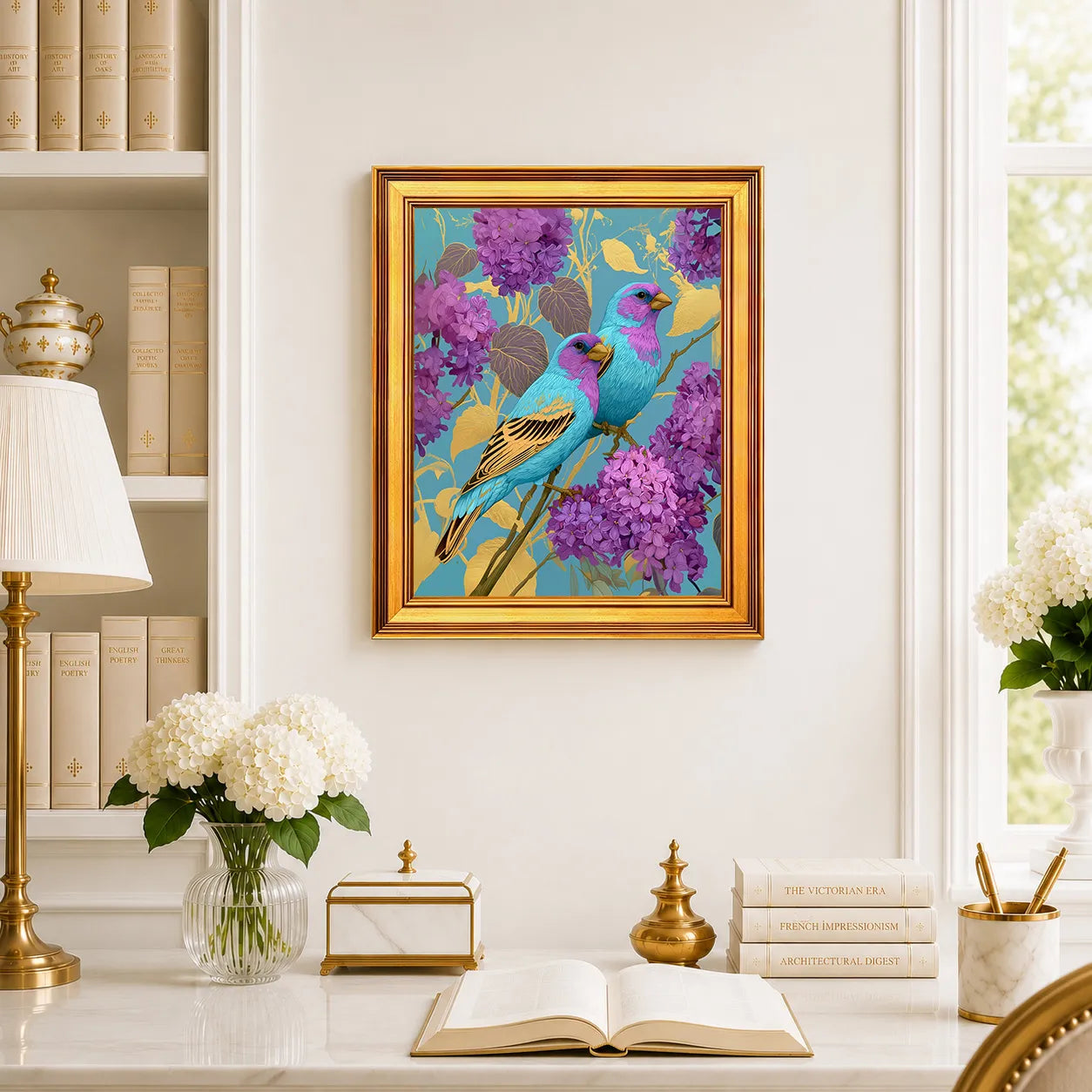 Jewel Finches in Wild Lilac framed wall art displayed above a traditional desk with peonies, books, brass decor, and a burnished antique gold frame.