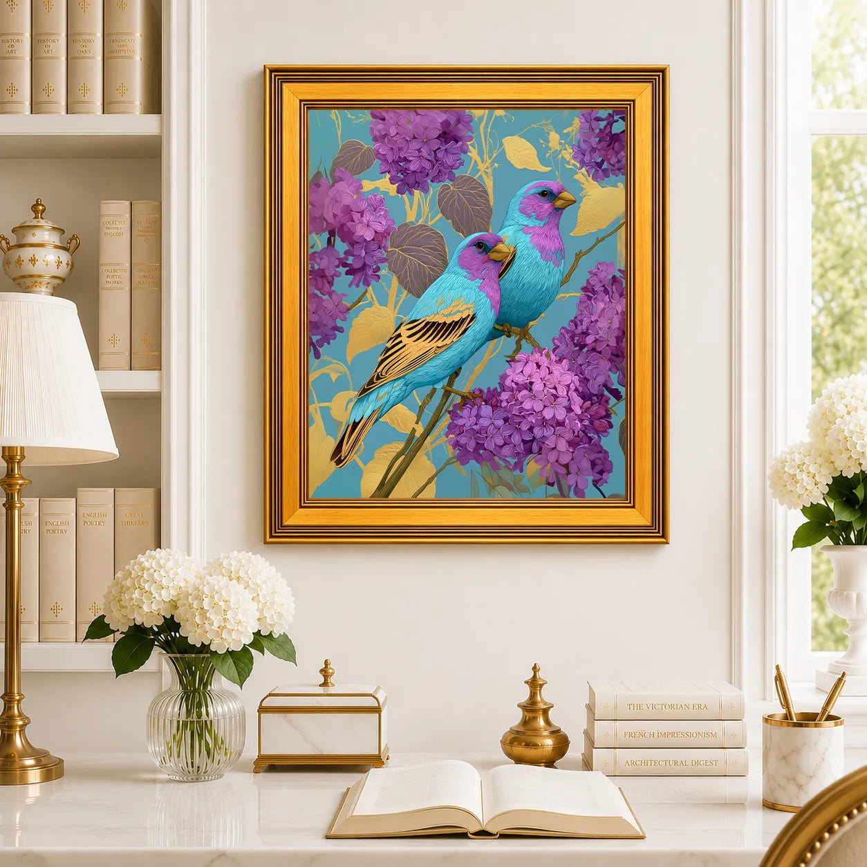 Large Jewel Finches in Wild Lilac framed wall art displayed in a traditional study with peonies, antique books, brass accents, and a burnished antique gold frame.