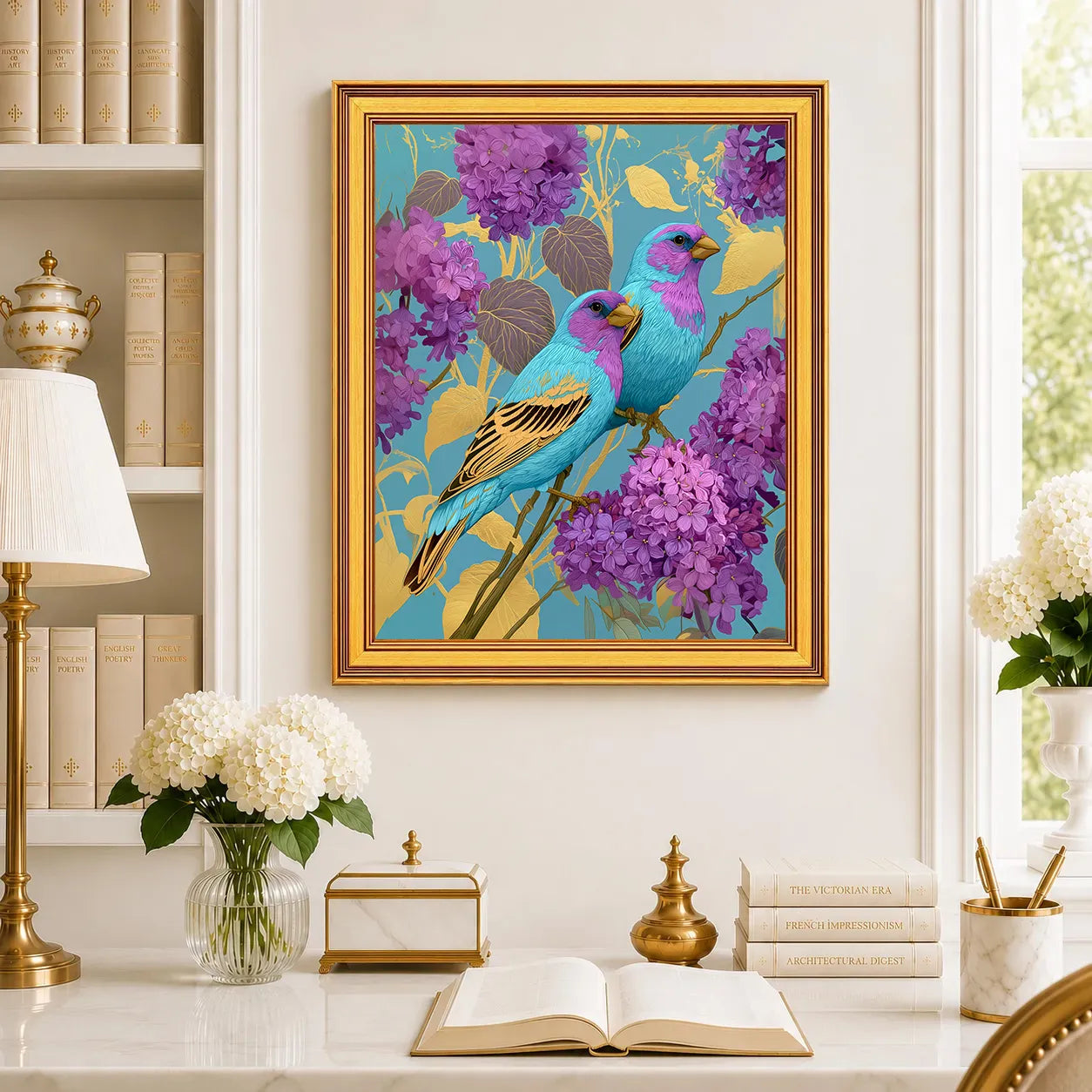 Large Jewel Finches in Wild Lilac framed wall art displayed in a traditional study with peonies, antique books, brass accents, and a burnished antique gold frame.