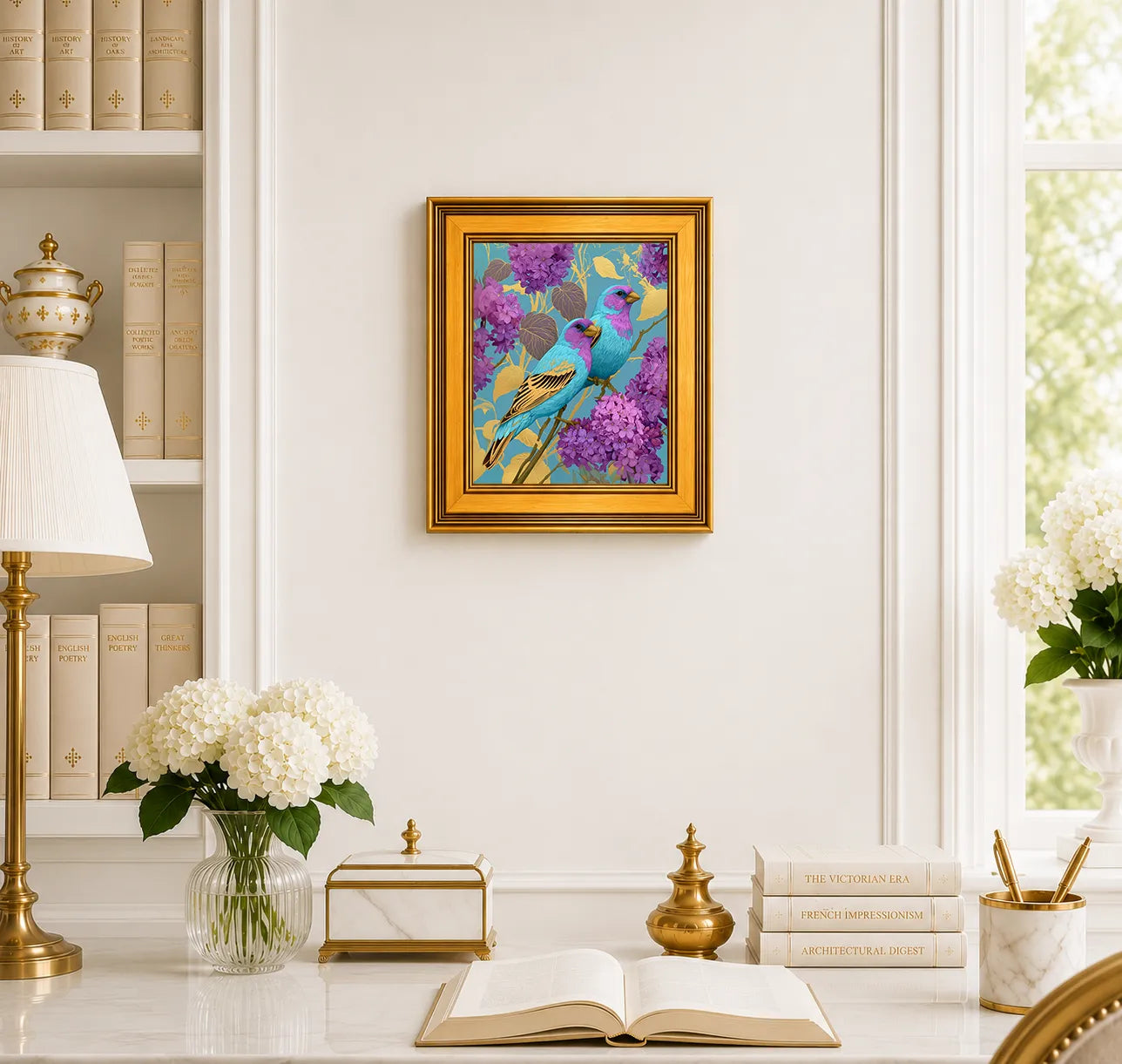Small Jewel Finches in Wild Lilac framed wall art displayed in an elegant traditional study with antique books, peonies, brass accents, and a burnished antique gold frame.