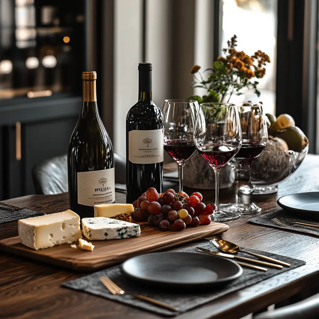 Wine bottles, glasses, and cheese on a wooden table with a blurred background