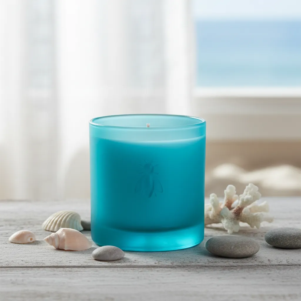 La Rochère candle in turquoise glass with a bee emblem on a wooden surface with seashells and coral.