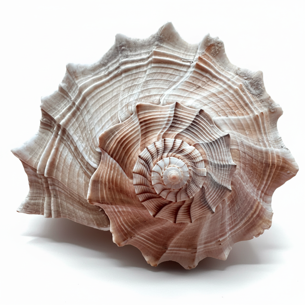 Close-up of a large genuine 10 inch lightning whelk seashell with intricate patterns on a white background