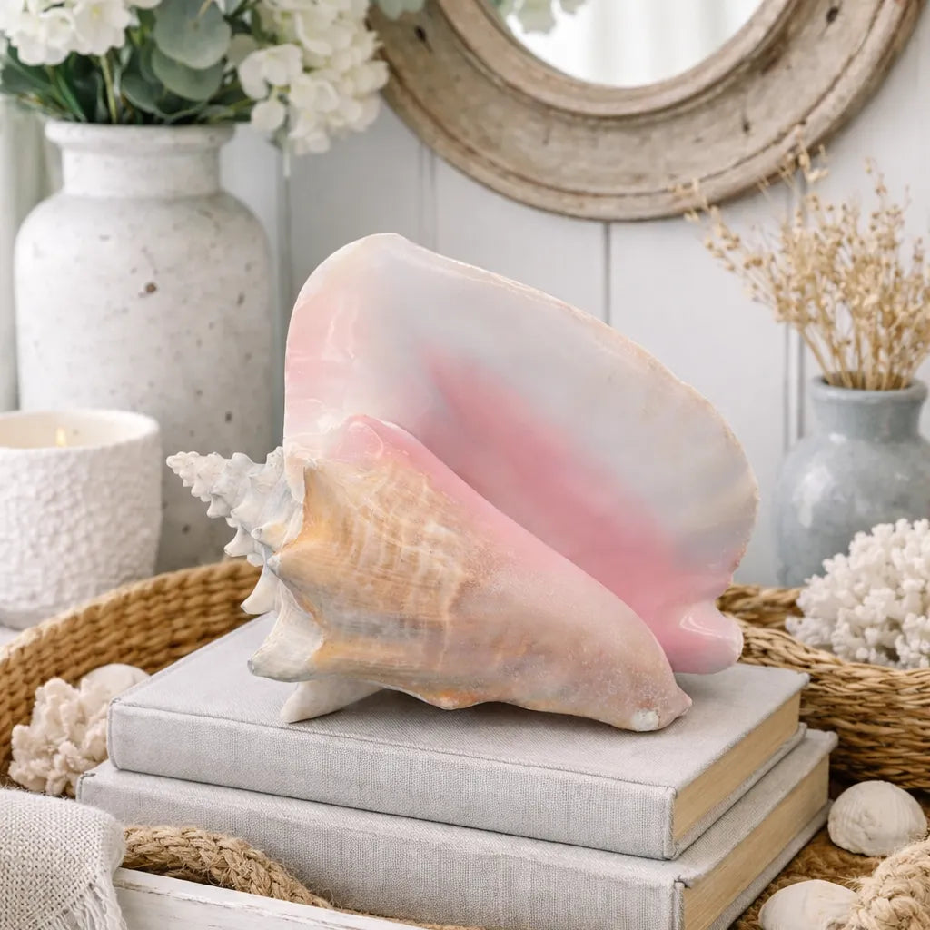 Large conch shell on books with decorative elements in a home setting