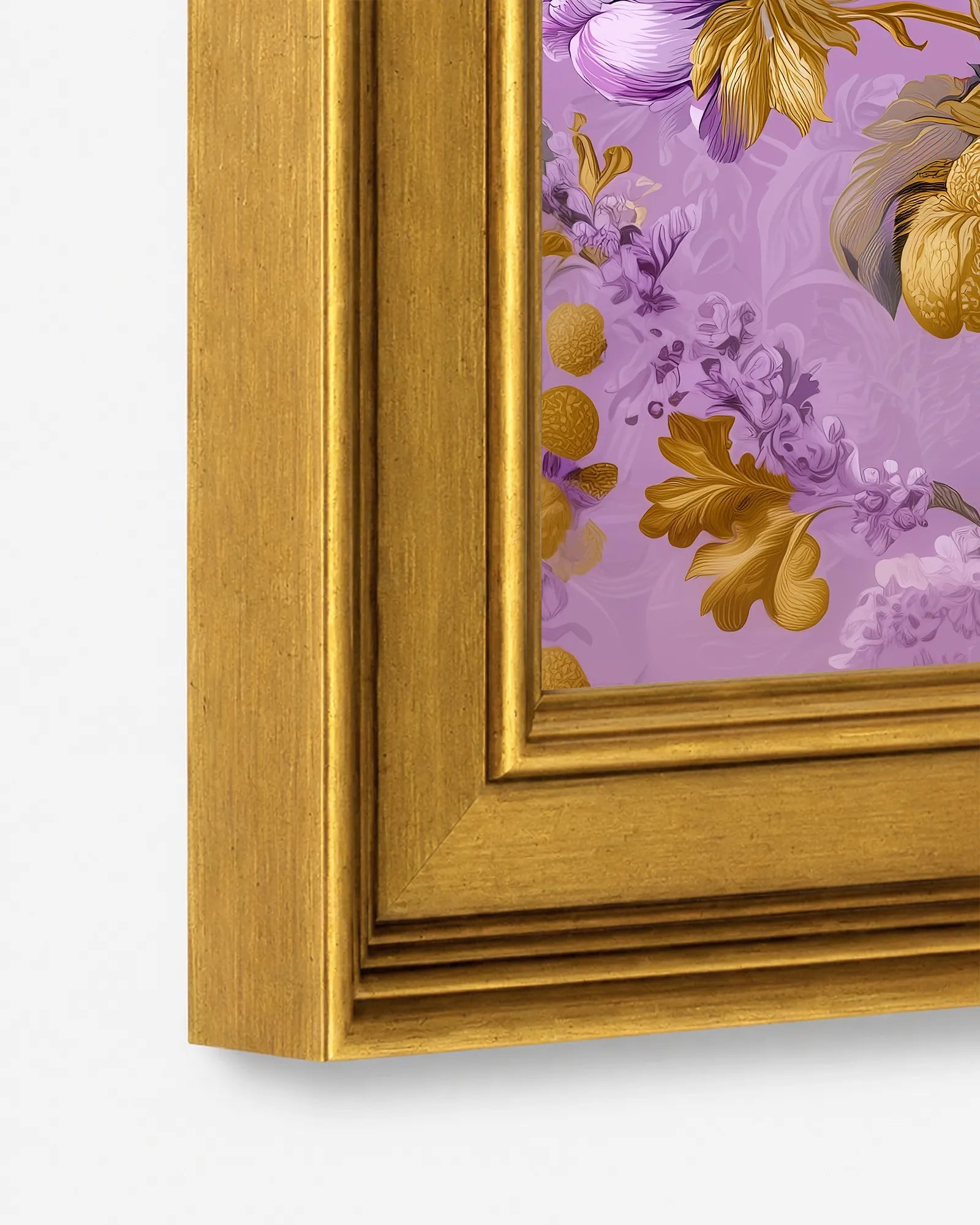 Close-up detail of the burnished antique gold wood frame used for Lavender Jewel Peonies framed wall art, showing the profile, finish, and craftsmanship.