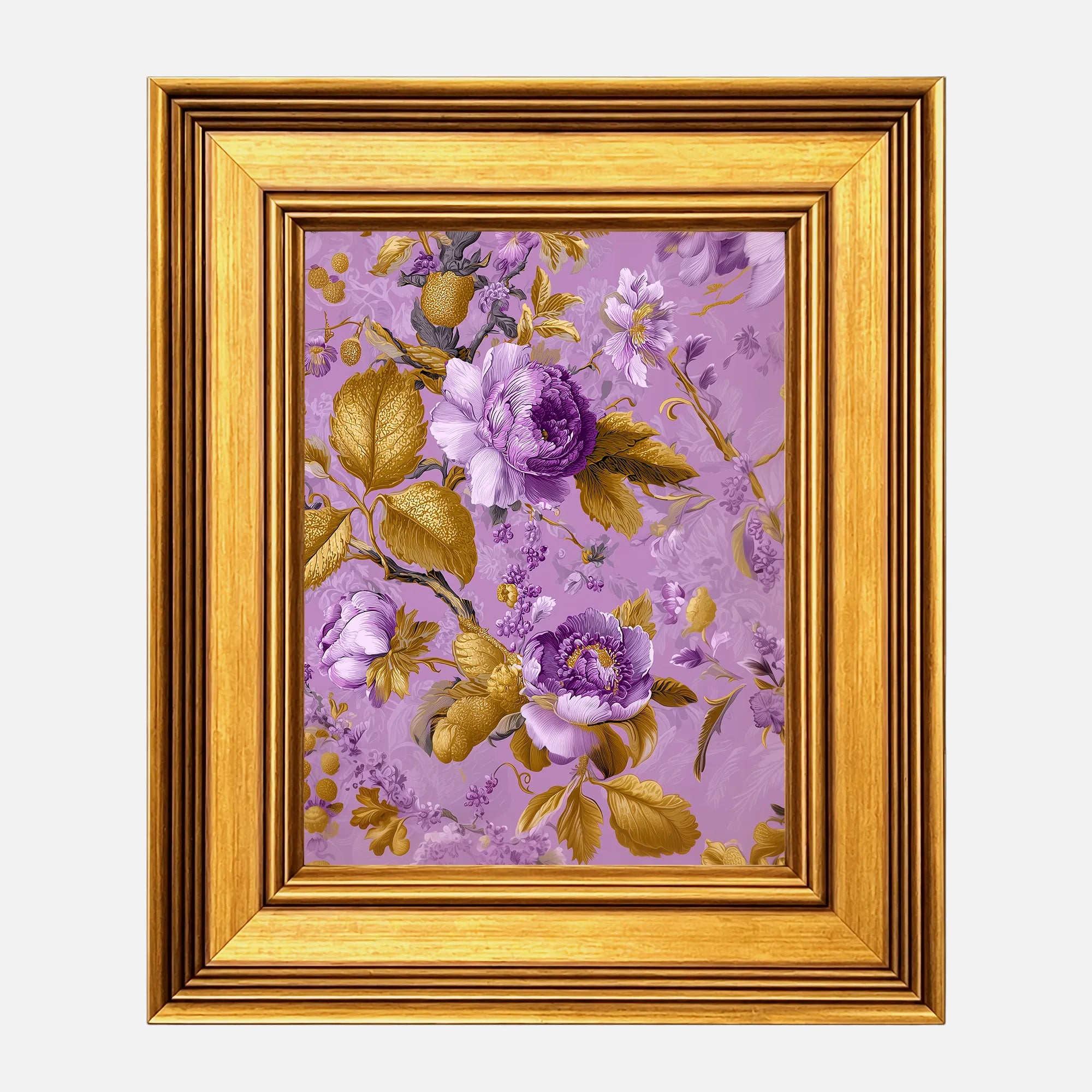 Lavender Jewel Peonies framed wall art in a burnished antique gold frame, 8 x 10 inch print size with 11.5 x 13.5 inch framed dimensions.