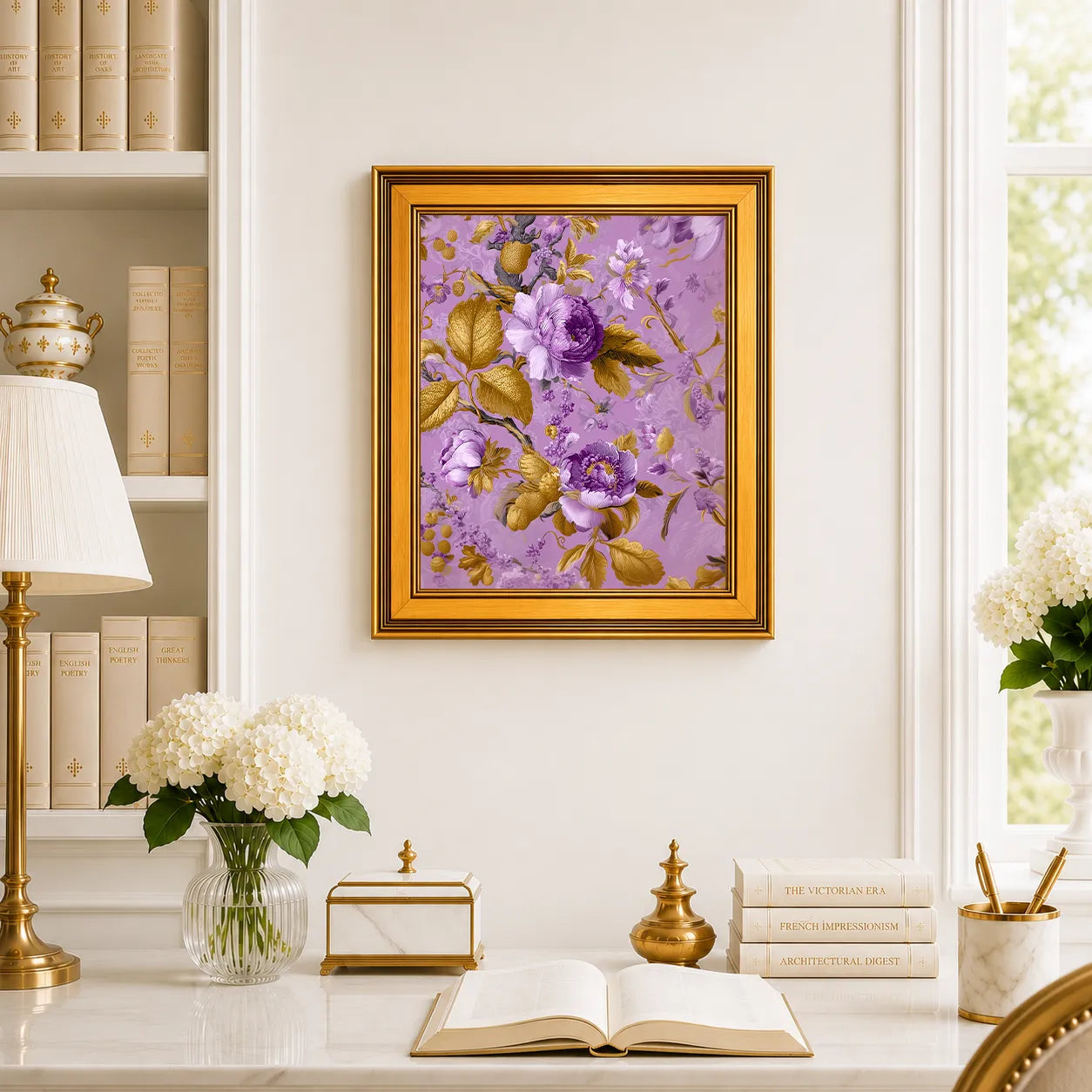 Lavender Jewel Peonies framed wall art displayed above a traditional desk with peonies, books, brass decor, and a burnished antique gold frame.