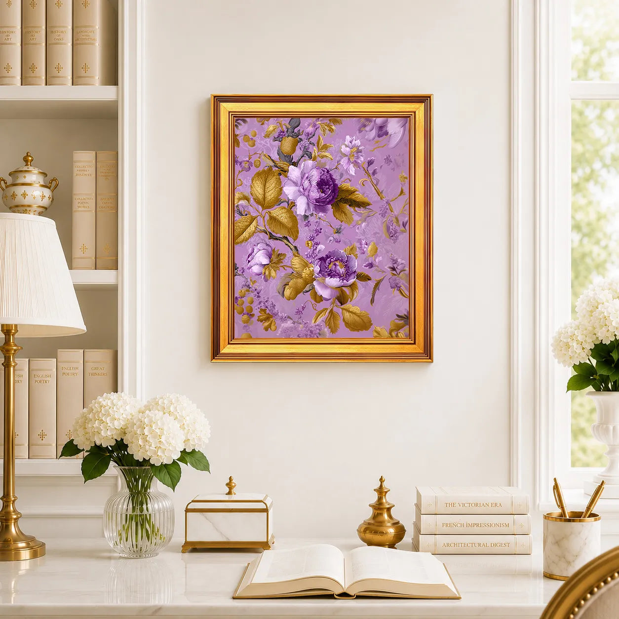 Lavender Jewel Peonies framed wall art displayed above a traditional desk with peonies, books, brass decor, and a burnished antique gold frame.