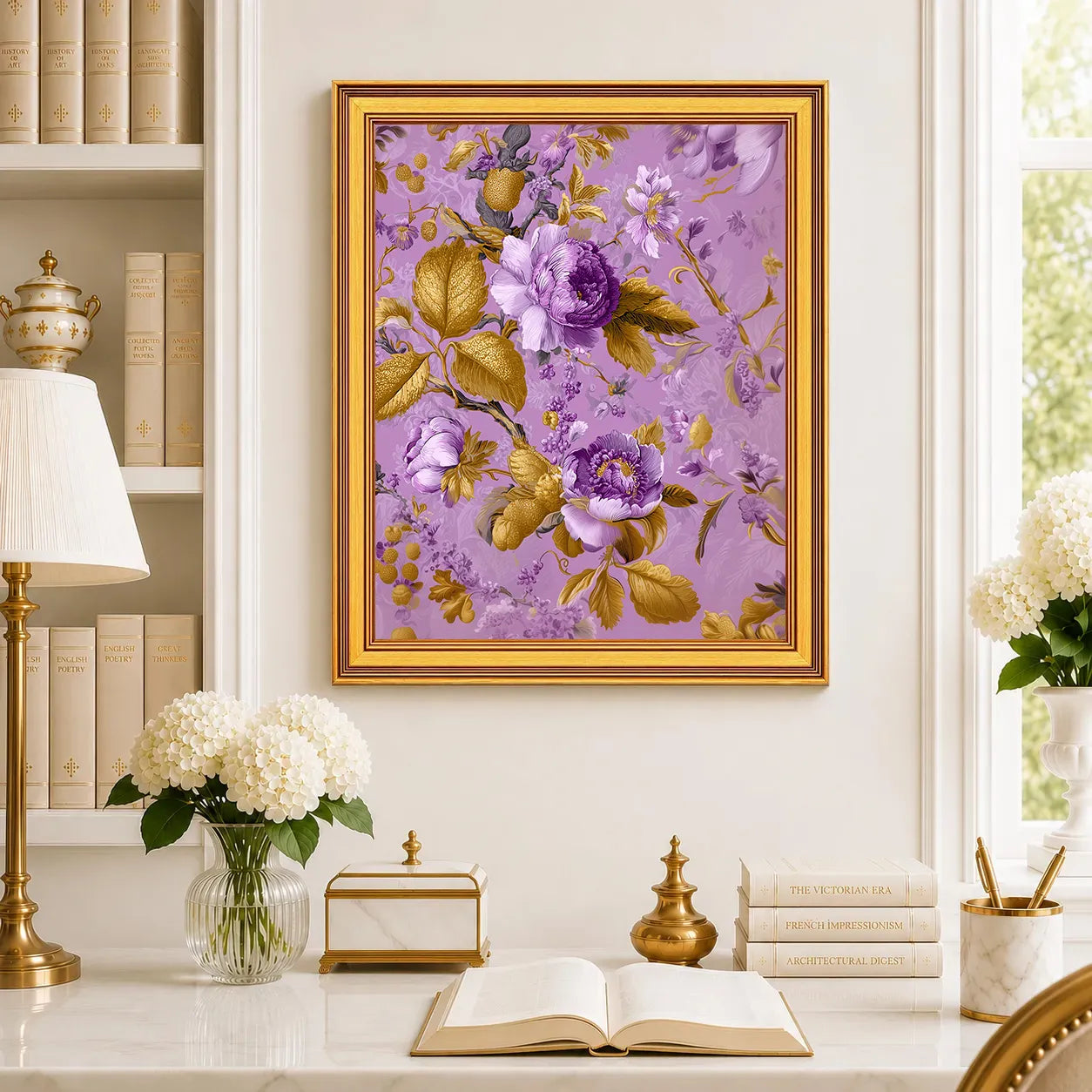Large Lavender Jewel Peonies framed wall art displayed in a traditional study with peonies, antique books, brass accents, and a burnished antique gold frame.