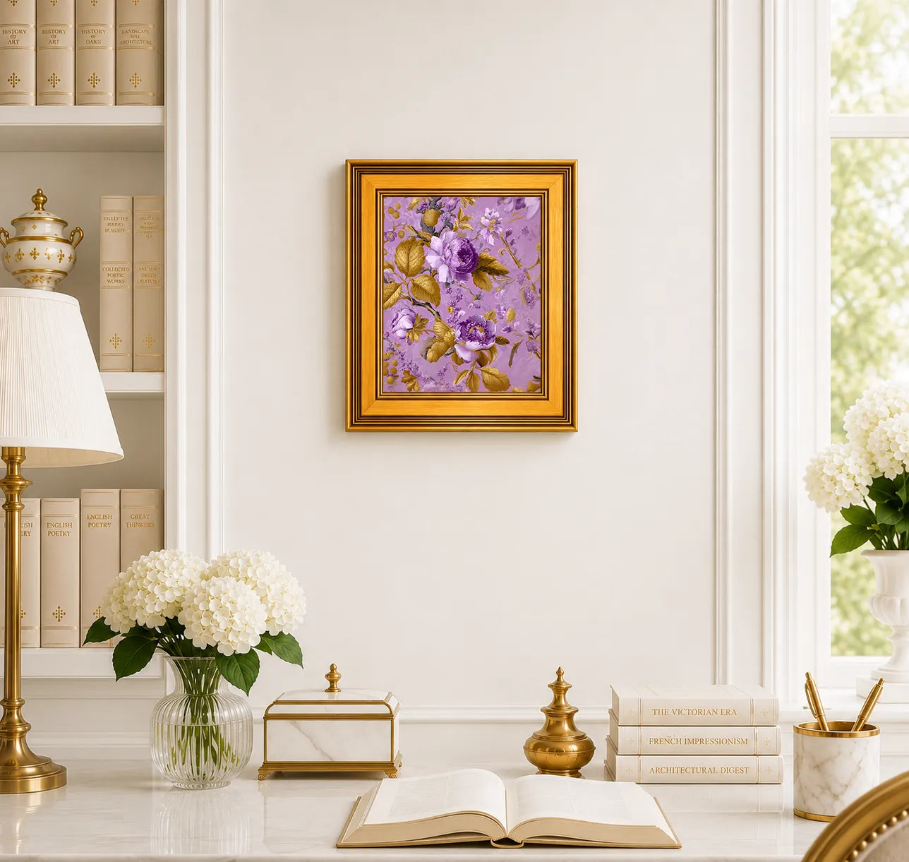 Small Lavender Jewel Peonies framed wall art displayed in an elegant traditional study with antique books, peonies, brass accents, and a burnished antique gold frame.