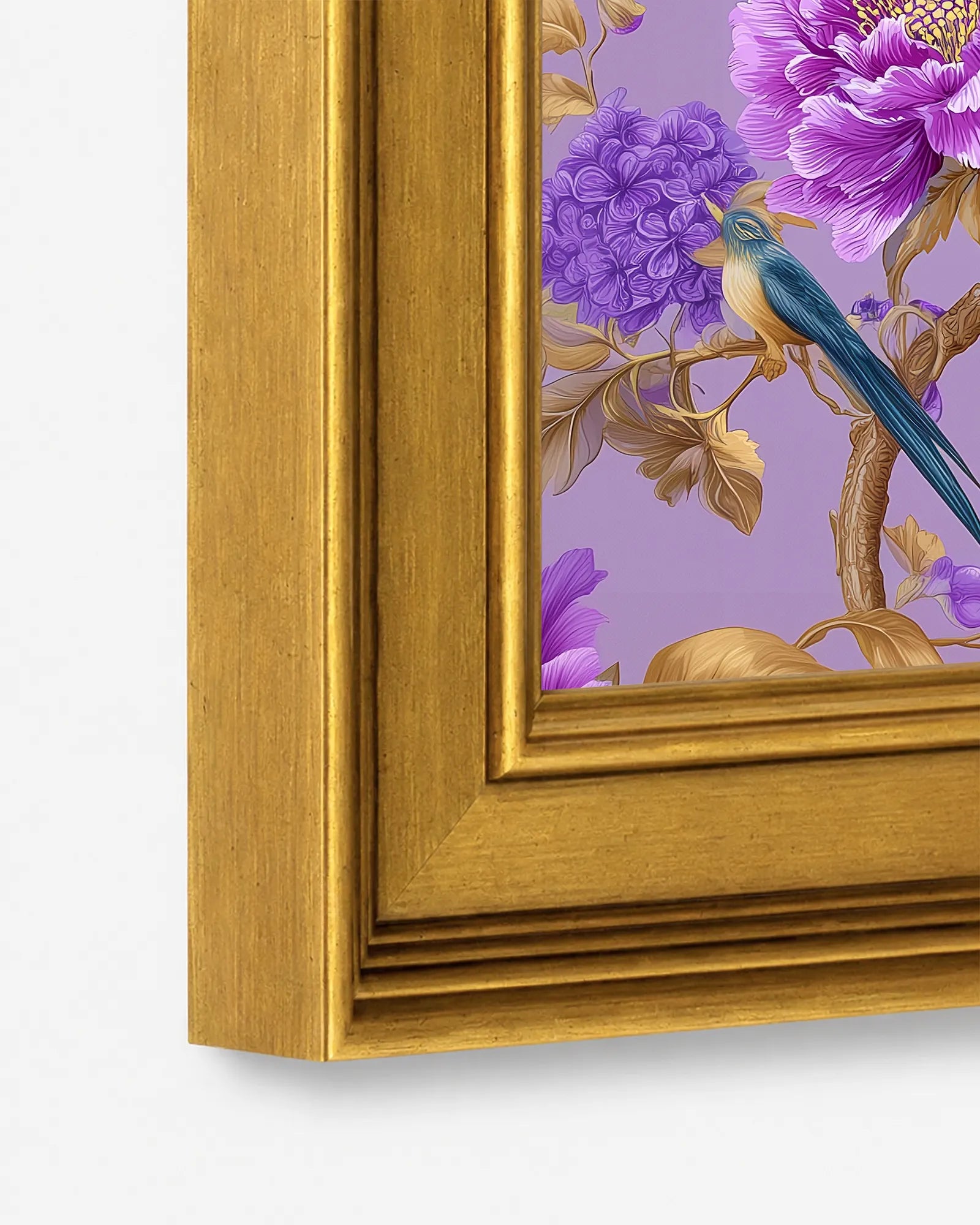 Close-up detail of the burnished antique gold wood frame used for Lavender Lilac Peonies framed wall art, showing the profile, finish, and craftsmanship.