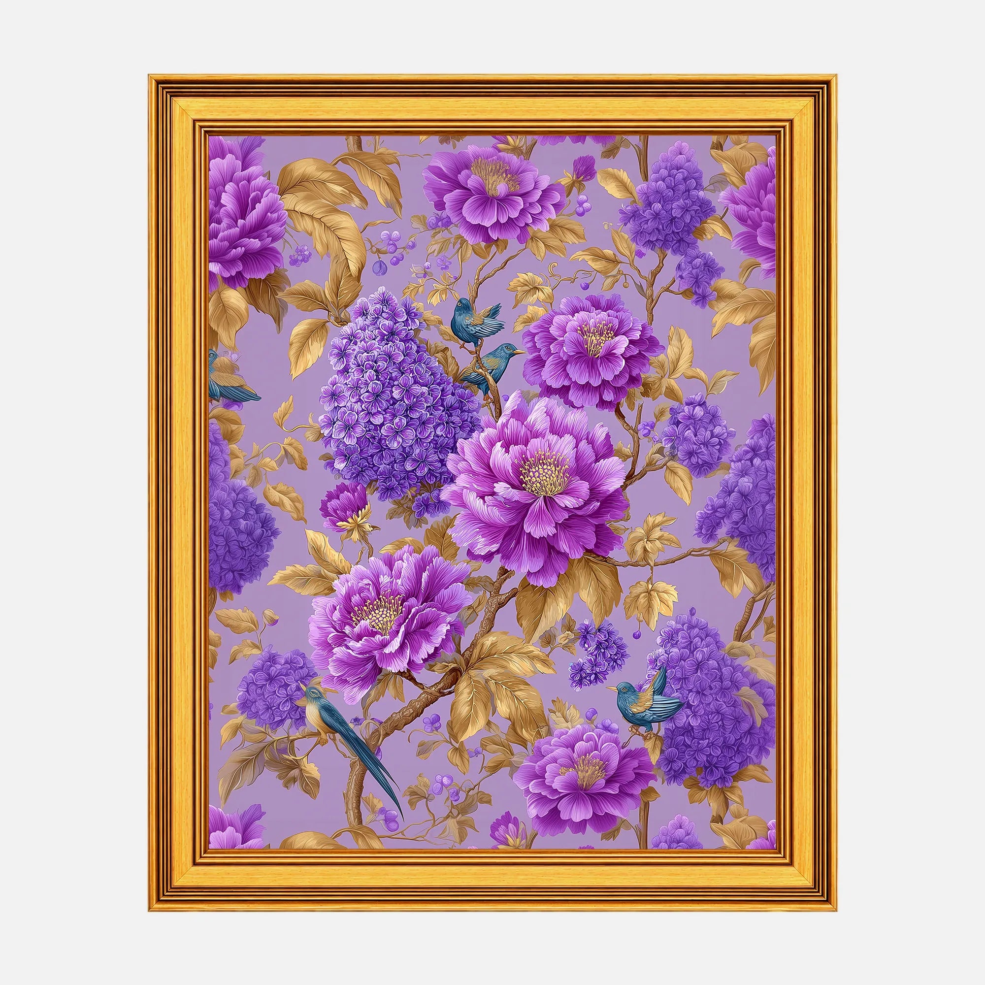 Lavender Lilac Peonies framed fine art print in a burnished antique gold frame, 20 x 25 inch print size with 23.5 x 28.5 inch framed dimensions.