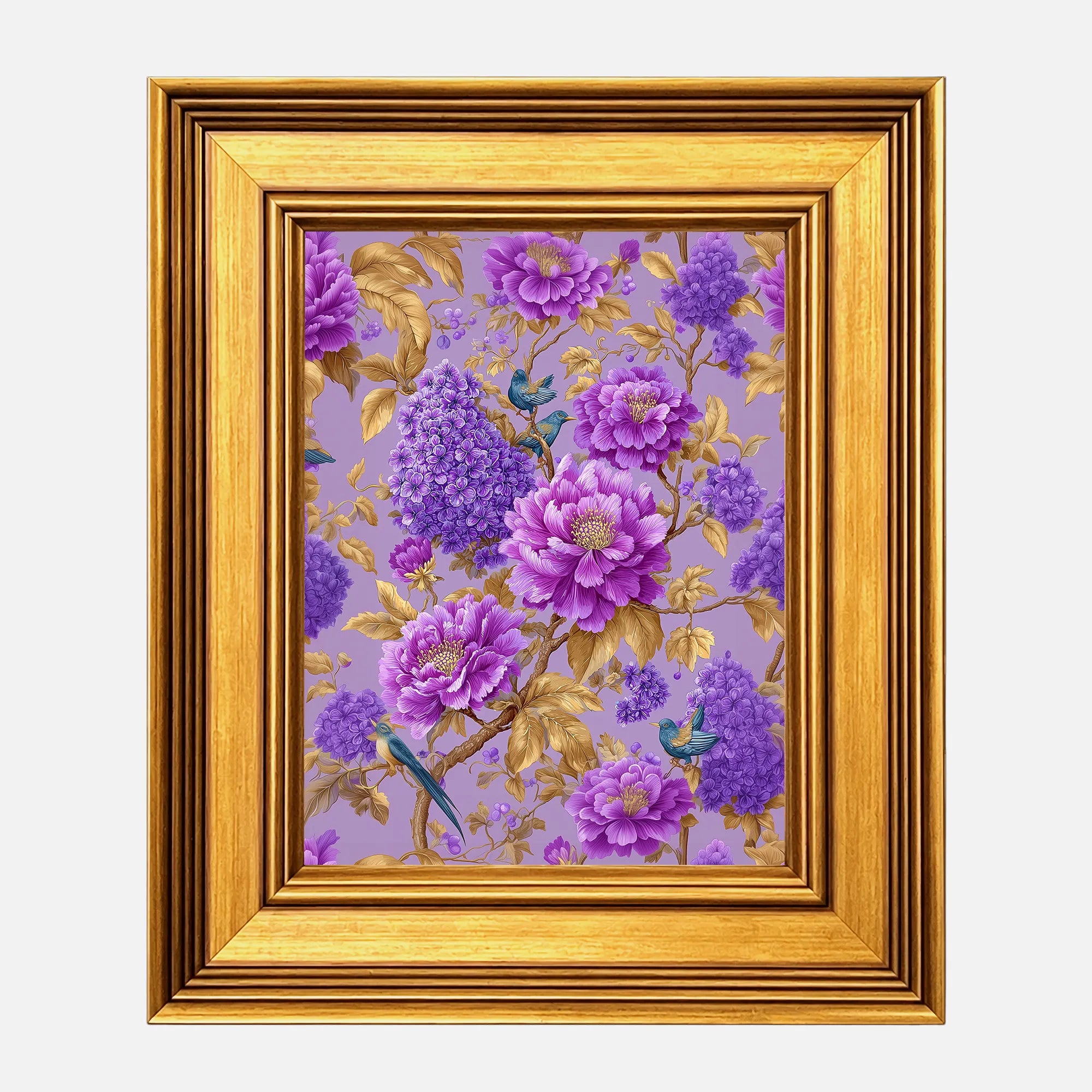 Lavender Lilac Peonies framed wall art in a burnished antique gold frame, 8 x 10 inch print size with 11.5 x 13.5 inch framed dimensions.