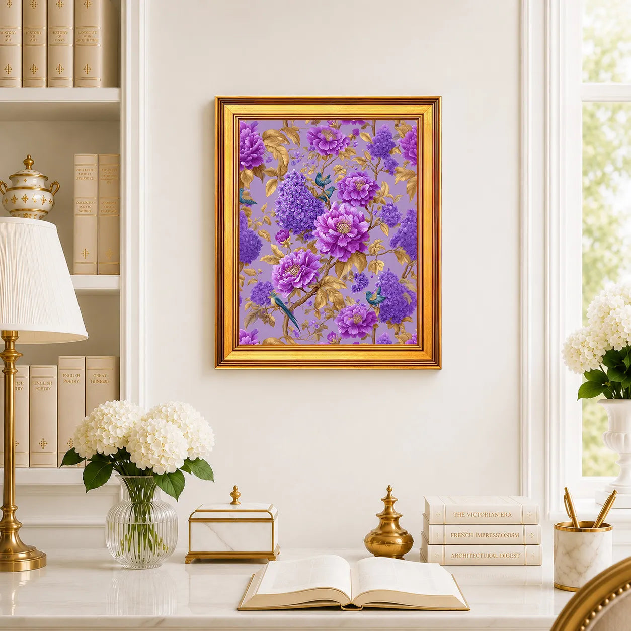 Lavender Lilac Peonies framed wall art displayed above a traditional desk with peonies, books, brass decor, and a burnished antique gold frame.