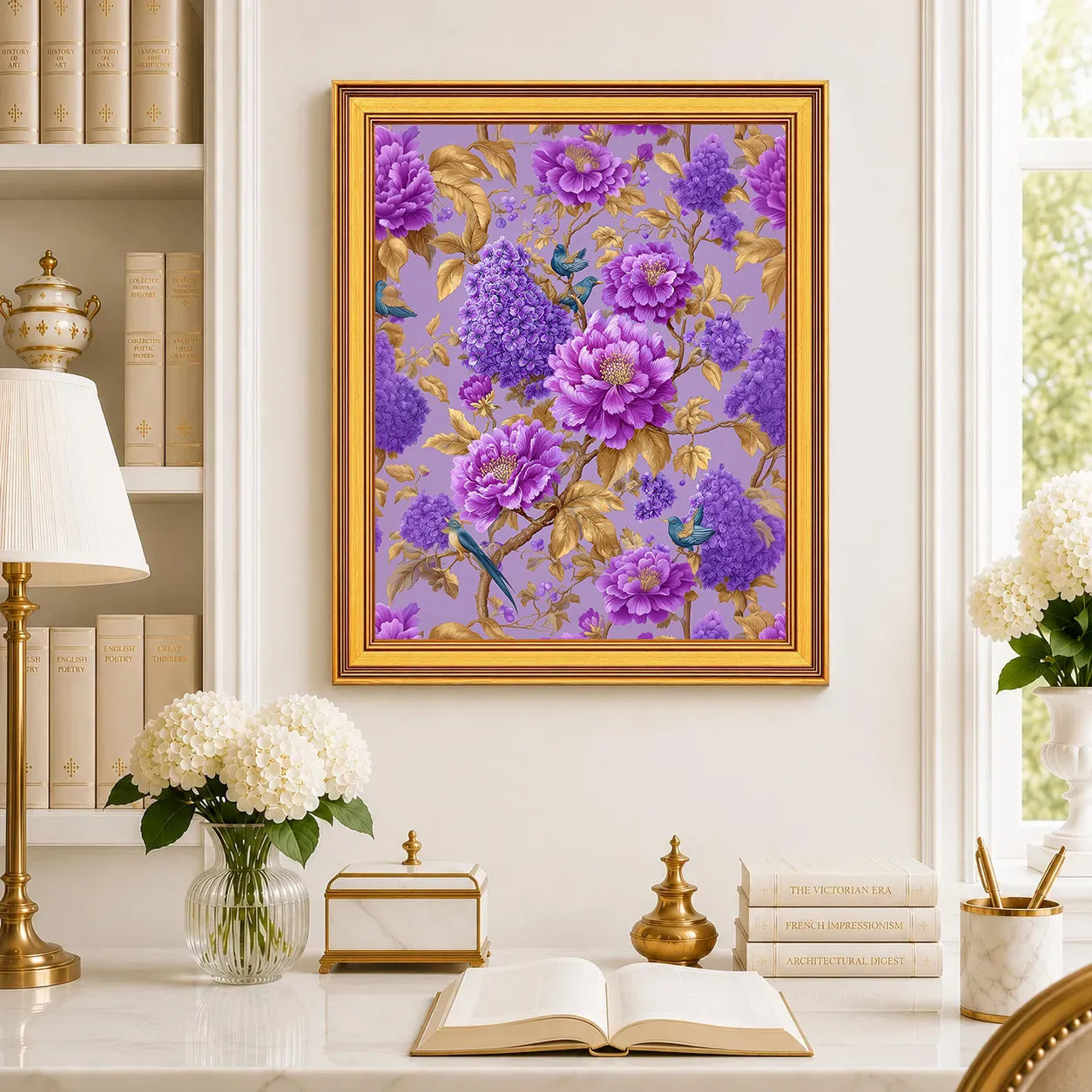 Large Lavender Lilac Peonies framed wall art displayed in a traditional study with peonies, antique books, brass accents, and a burnished antique gold frame.
