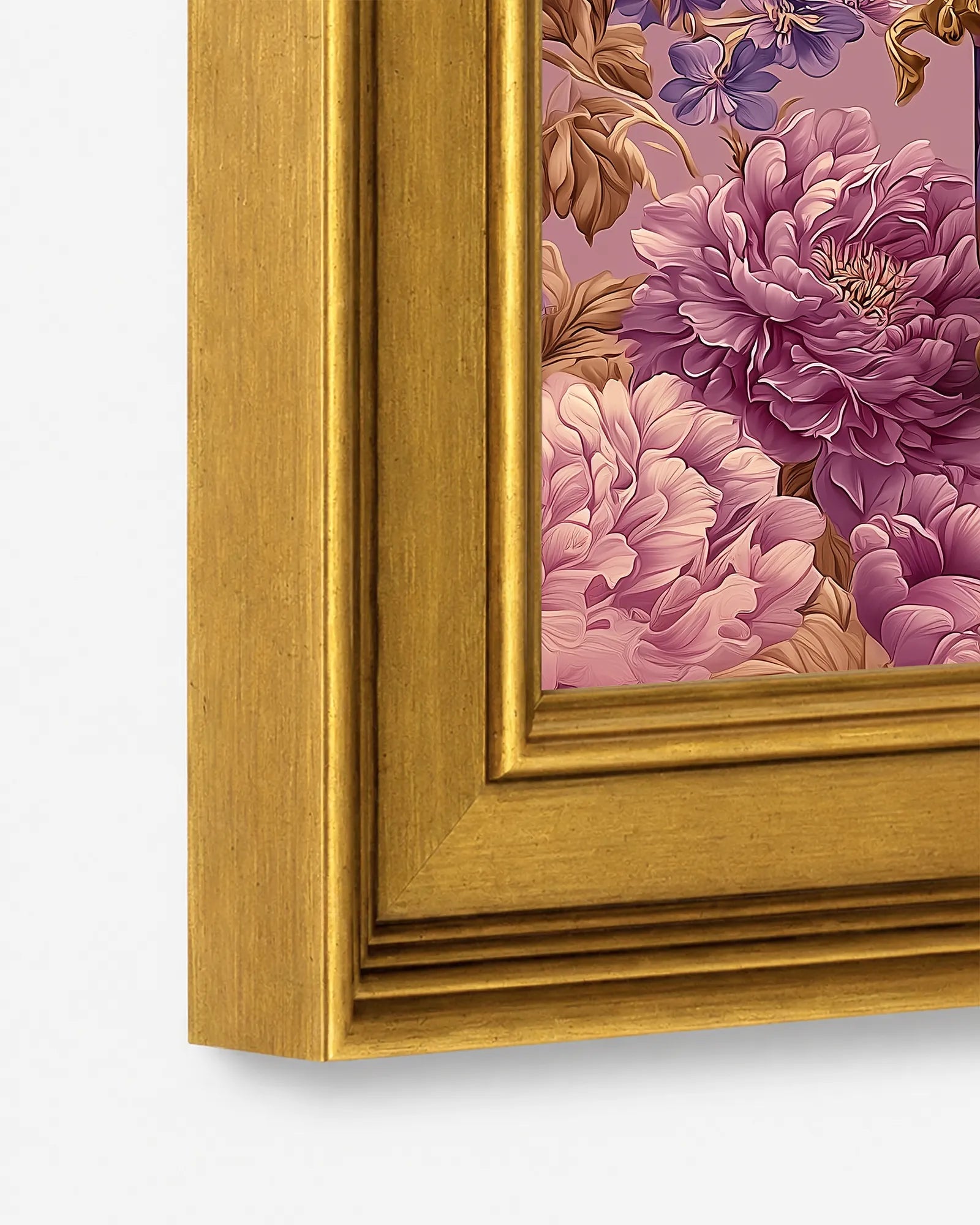 Close-up detail of the burnished antique gold wood frame used for Lavender Peonies Coffee Pot framed wall art, showing the profile, finish, and craftsmanship.