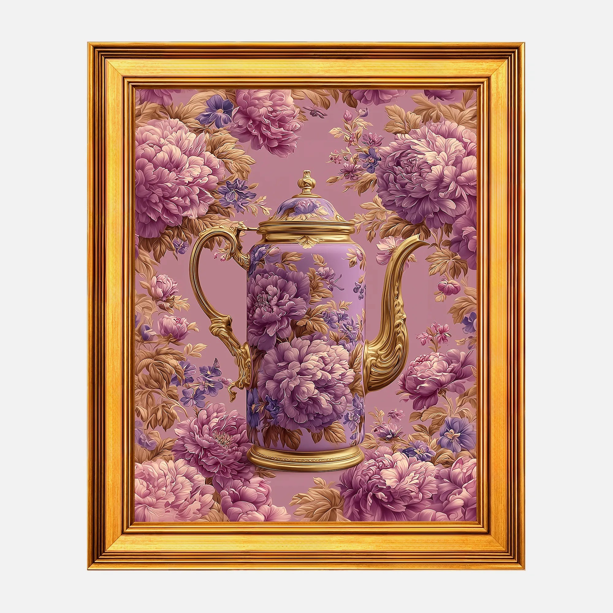 Lavender Peonies Coffee Pot framed wall art in a burnished antique gold frame, 16 x 20 inch print size with 19.5 x 23.5 inch framed dimensions.