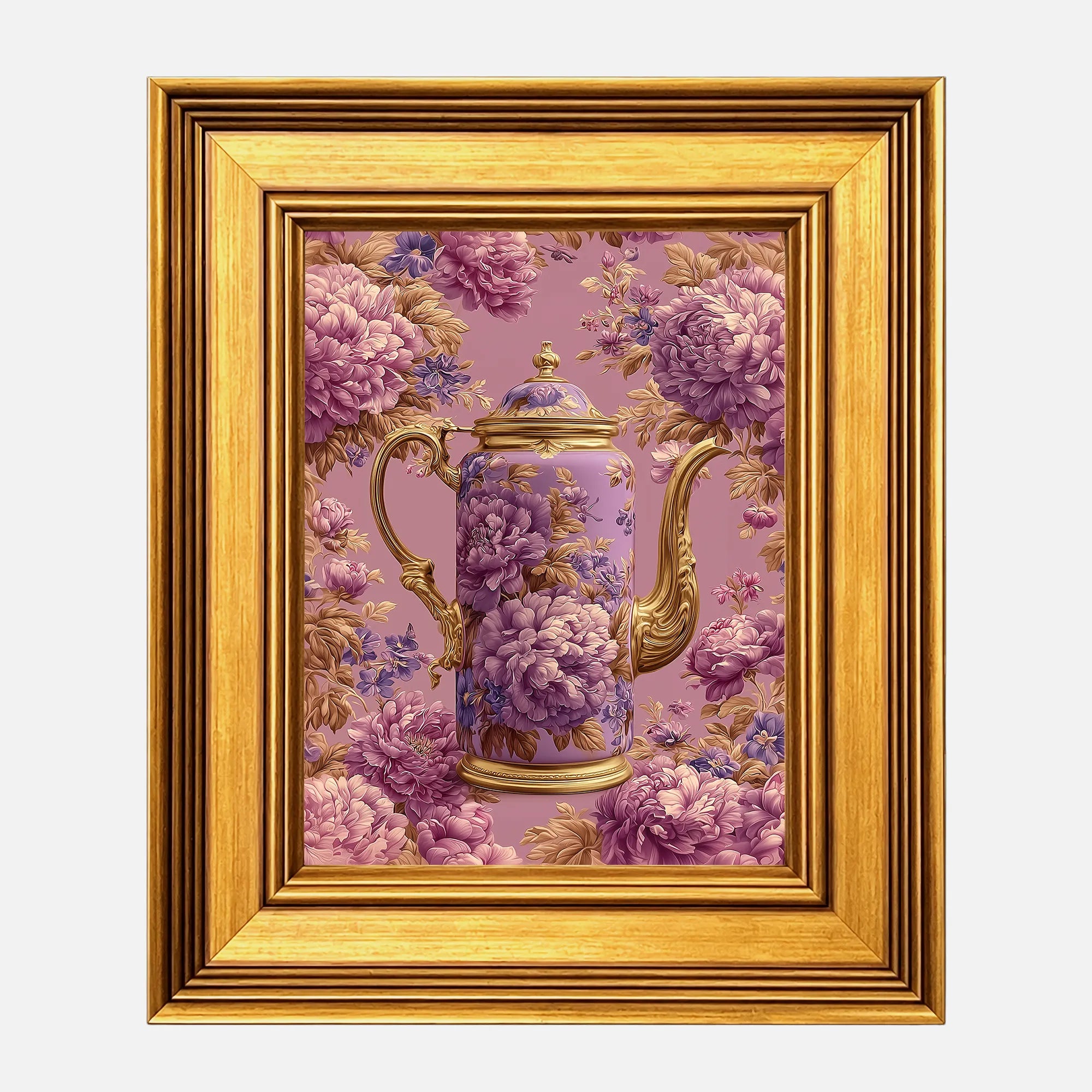 Lavender Peonies Coffee Pot framed wall art in a burnished antique gold frame, 8 x 10 inch print size with 11.5 x 13.5 inch framed dimensions.