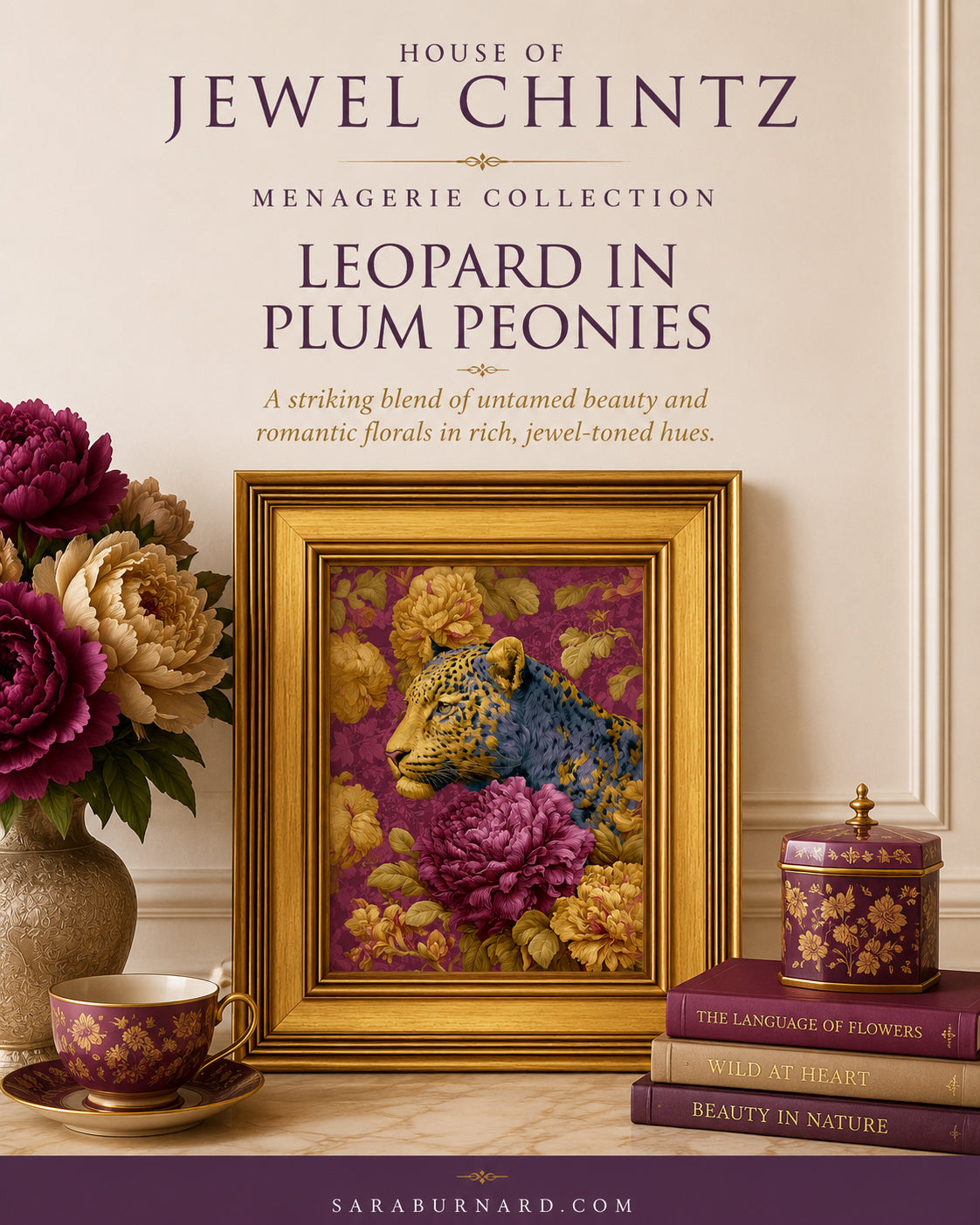 Leopard in Plum Peonies | Framed Leopard Wall Art