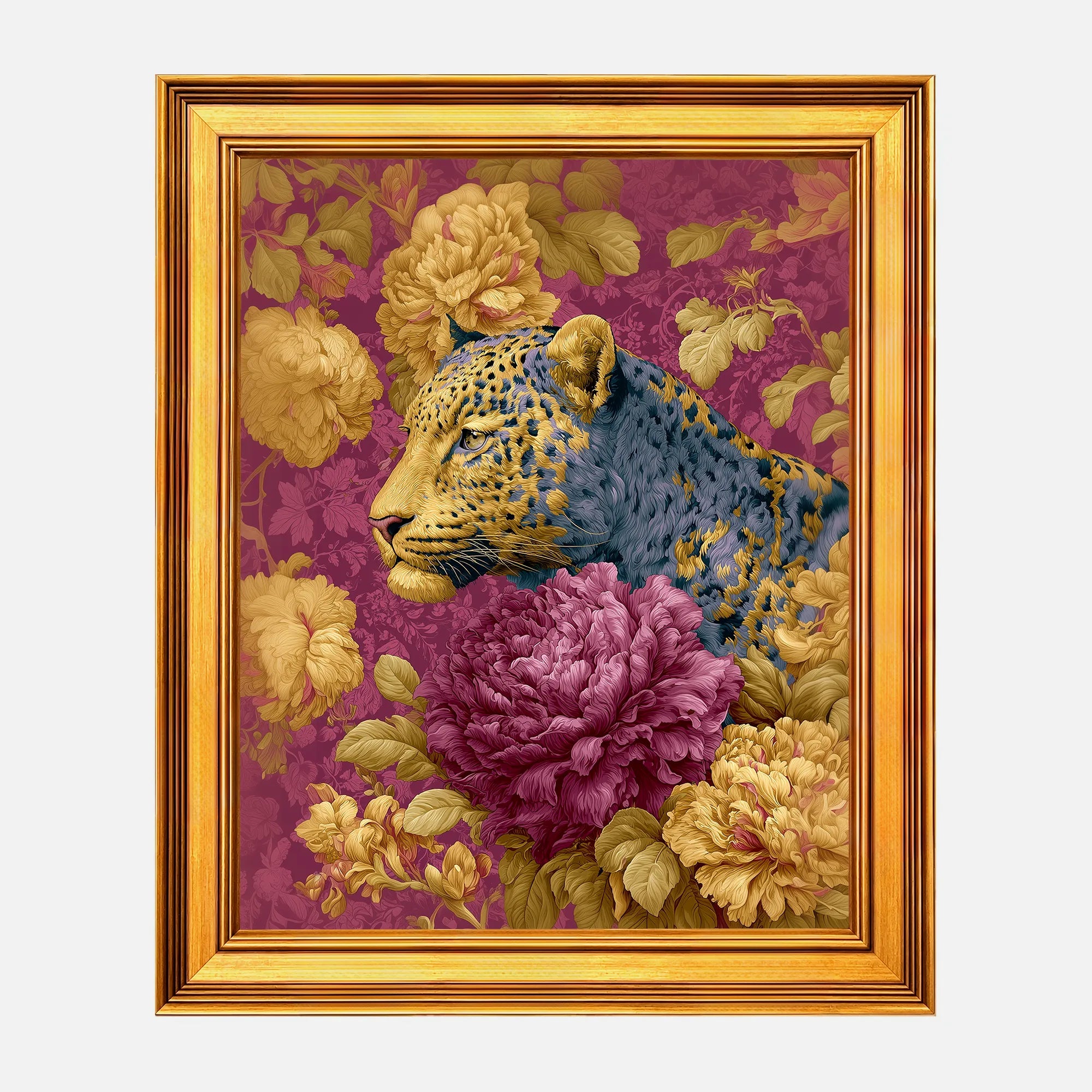 Leopard in Plum Peonies framed wall art in a burnished antique gold frame, 16 x 20 inch print size with 19.5 x 23.5 inch framed dimensions.