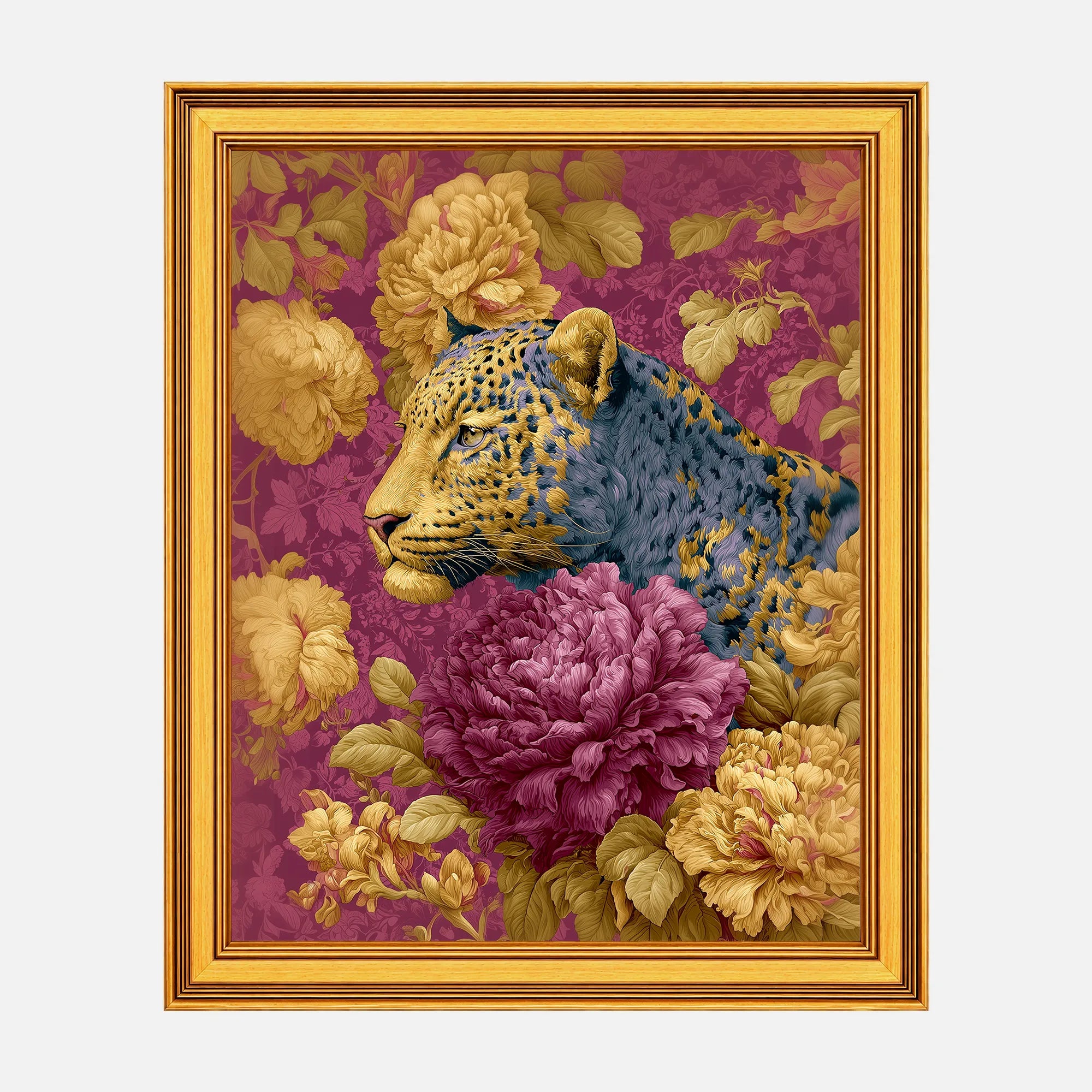 Leopard in Plum Peonies framed fine art print in a burnished antique gold frame, 20 x 25 inch print size with 23.5 x 28.5 inch framed dimensions.