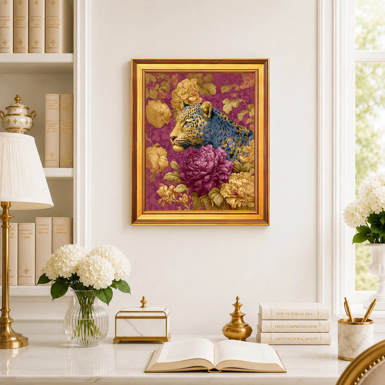 Leopard in Plum Peonies framed wall art displayed above a traditional desk with peonies, books, brass decor, and a burnished antique gold frame.