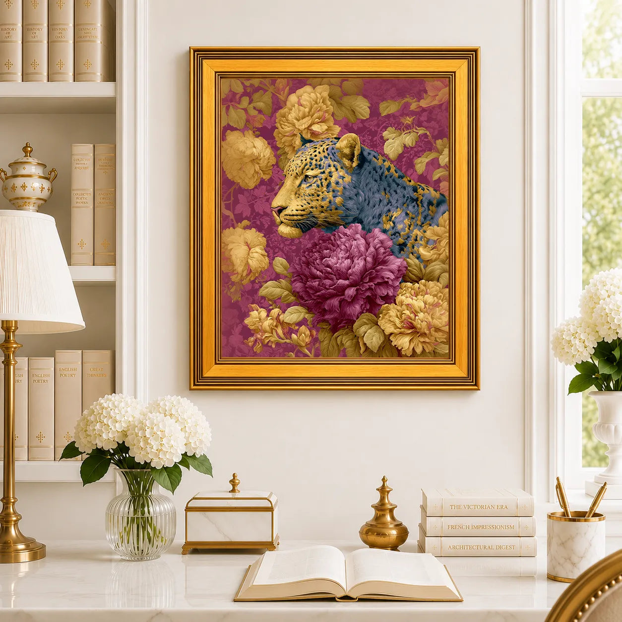Large Leopard in Plum Peonies framed wall art displayed in a traditional study with peonies, antique books, brass accents, and a burnished antique gold frame.