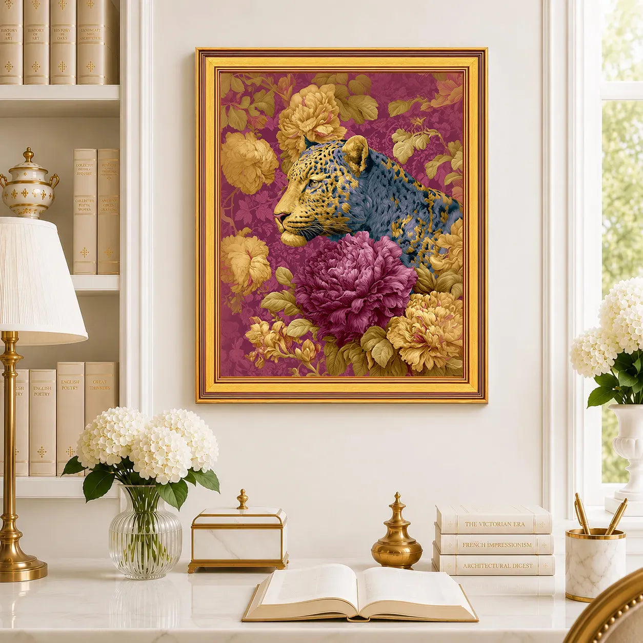 Large Leopard in Plum Peonies framed wall art displayed in a traditional study with peonies, antique books, brass accents, and a burnished antique gold frame.