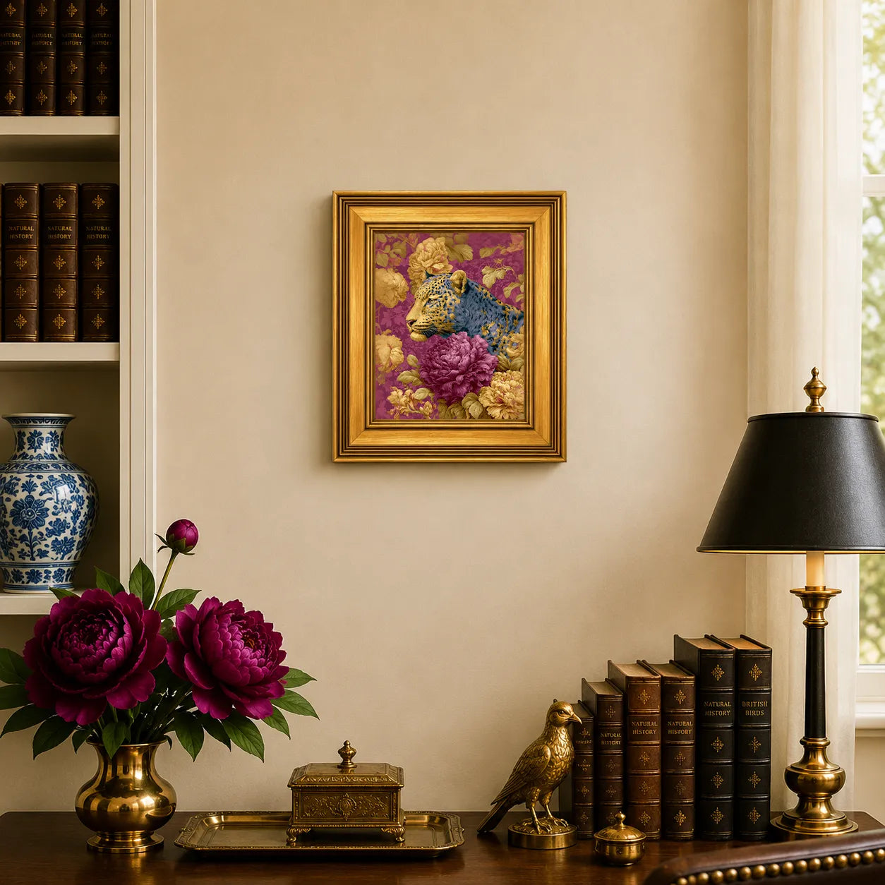 Small Leopard in Plum Peonies framed wall art displayed in an elegant traditional study with antique books, peonies, brass accents, and a burnished antique gold frame.