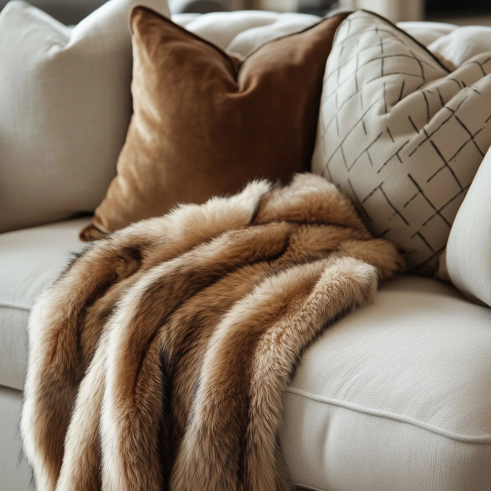 Fur throw blanket draped over a sofa with decorative pillows