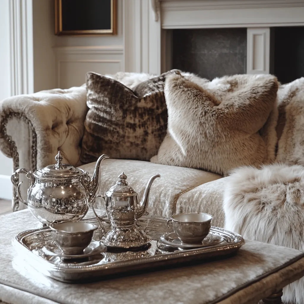 Silver tea set on a tray with a plush sofa and fireplace in the background