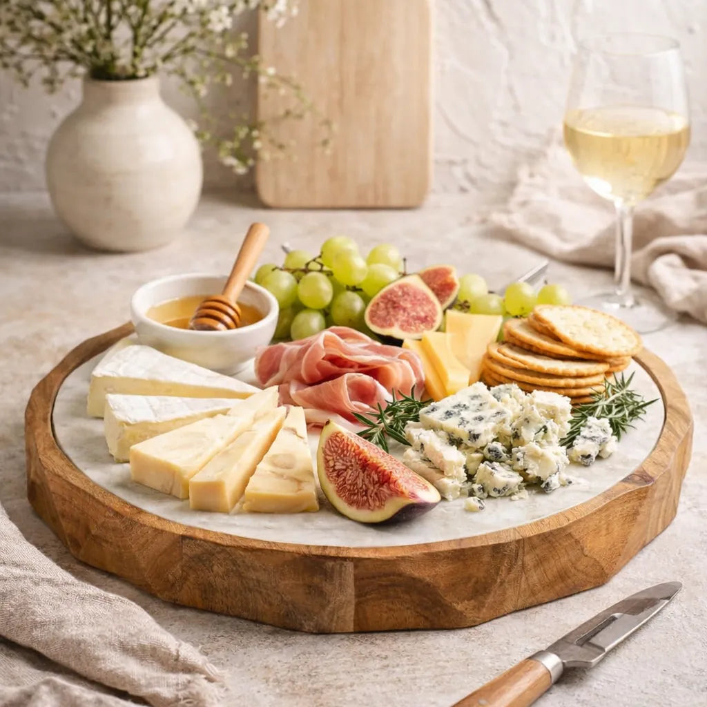Cheeseboard with various types of cheese, figs, and crackers on a marble surface.