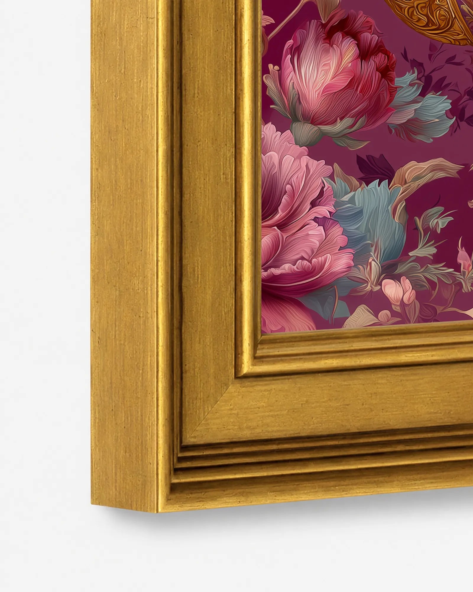 Close-up detail of the burnished antique gold wood frame used for Mauve Peonies Teapot framed wall art, showing the profile, finish, and craftsmanship.