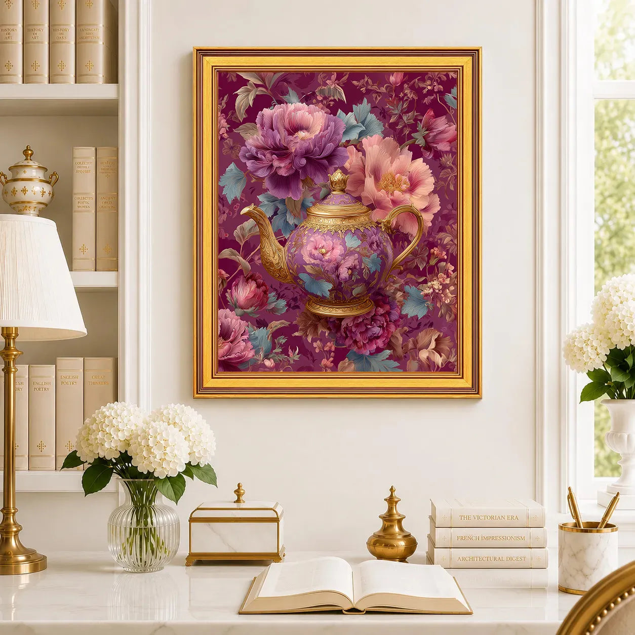 Large Mauve Peonies Teapot framed wall art displayed in a traditional study with peonies, antique books, brass accents, and a burnished antique gold frame.