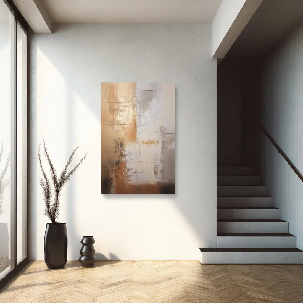 Abstract painting on a wall in a modern interior setting with stairs and decor.