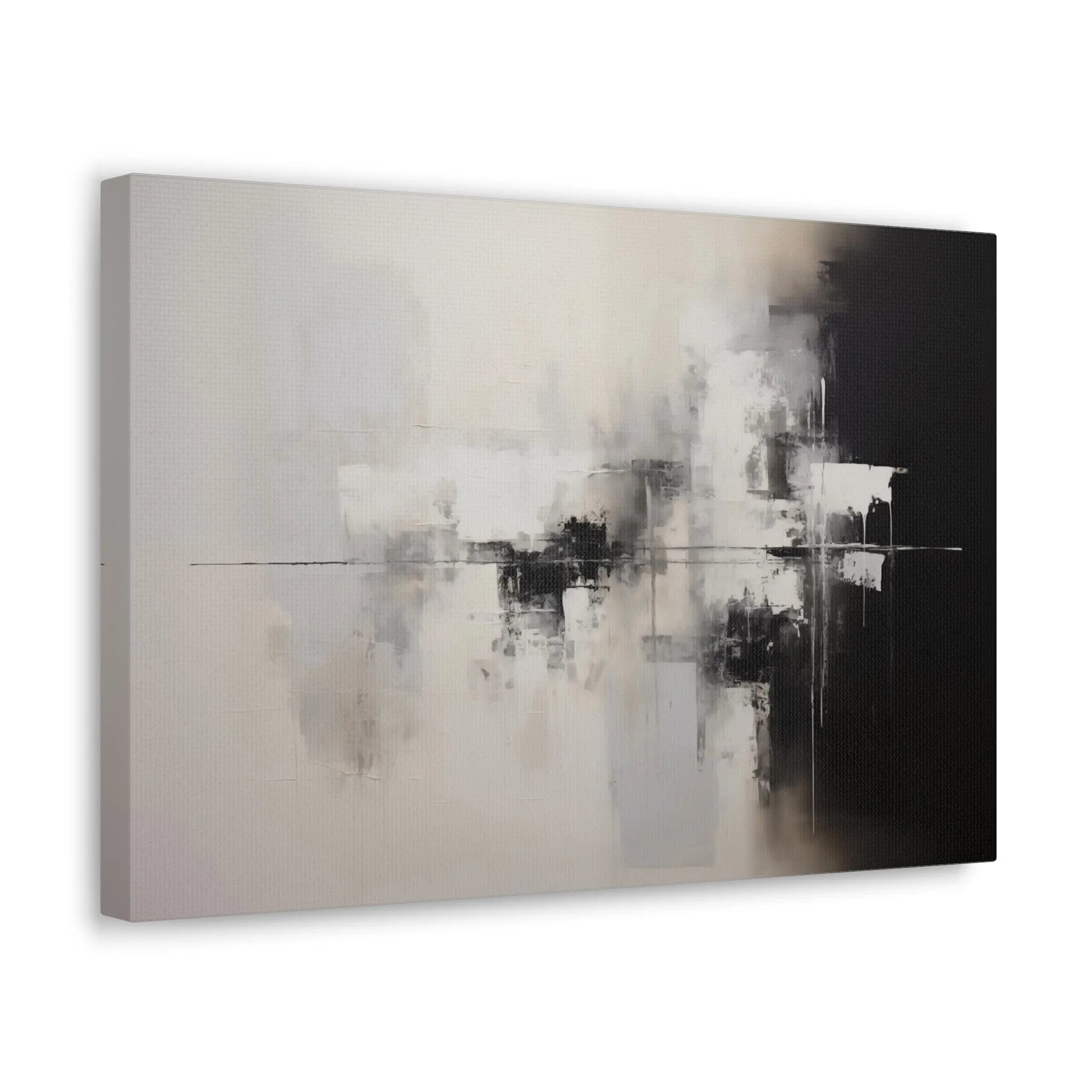 Abstract art painting with black, white, and gray tones on a white background side view