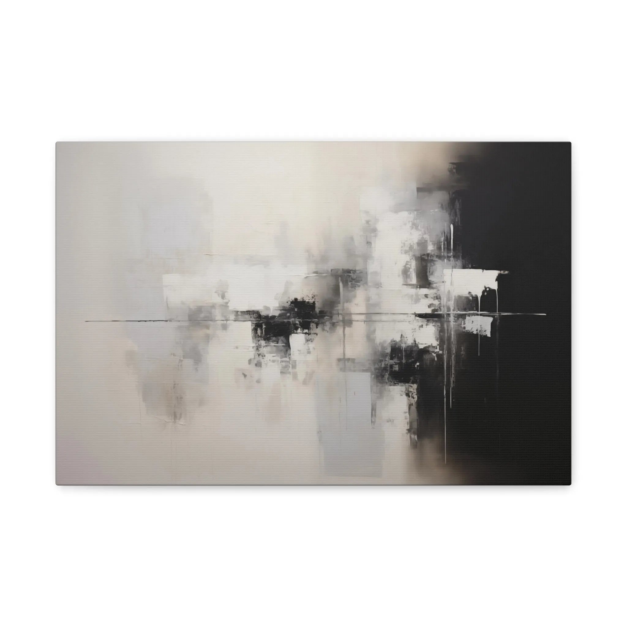 Abstract art painting with black, white, and gray colors on a white background