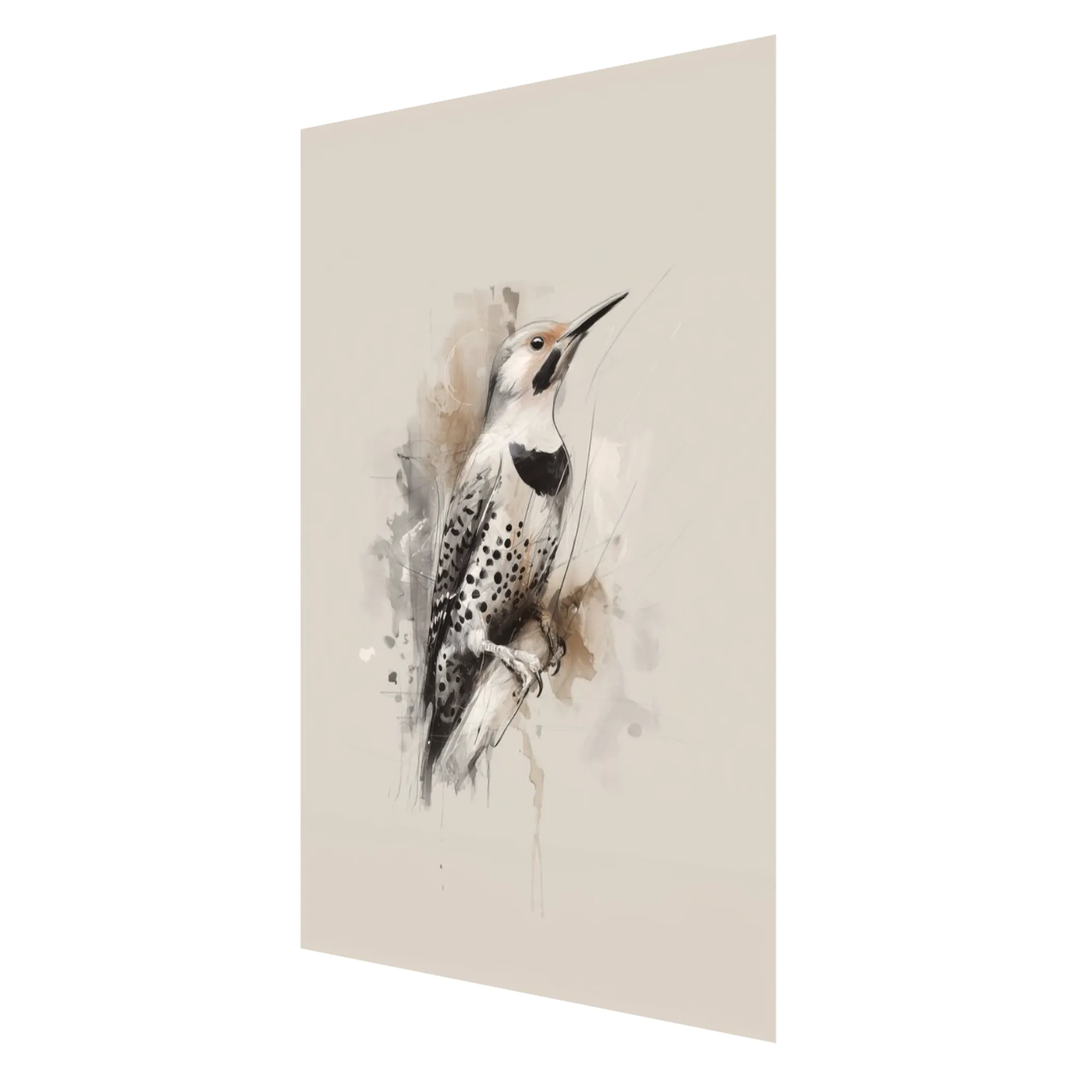 Side angle of a fine art print of a Northern Flicker bird painting on a beige background