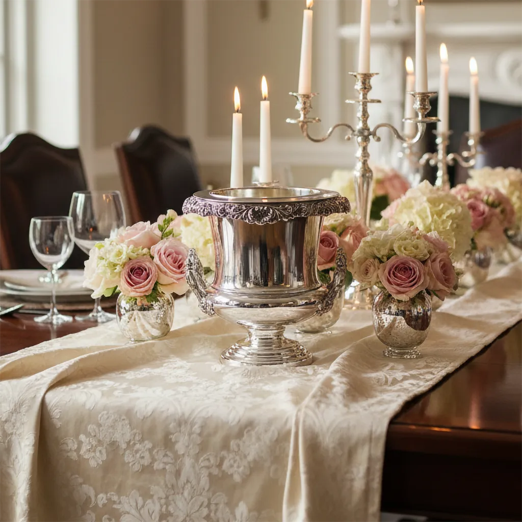 Decorative table setting with Old Sheffield wine cooler urn, candles, and floral arrangements.