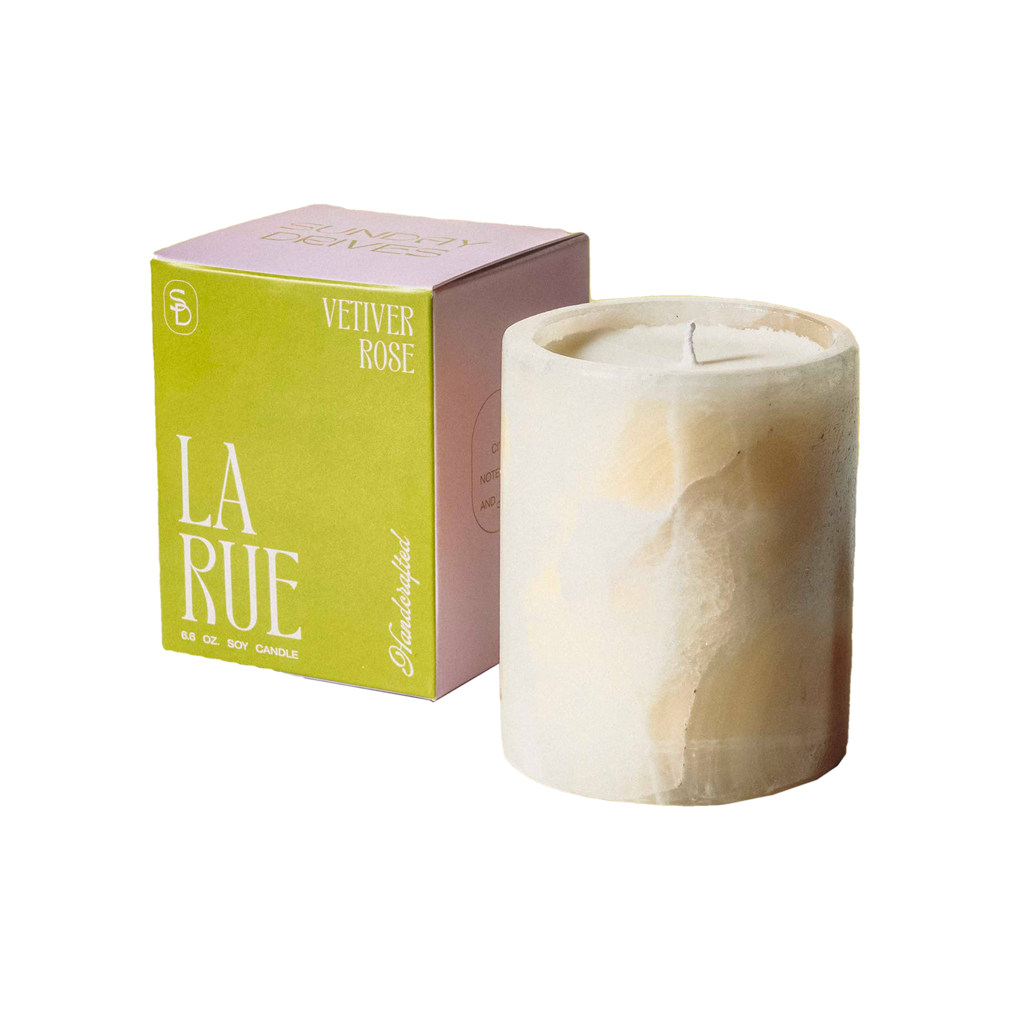 Candle with packaging labeled 'La Rue' on a white background