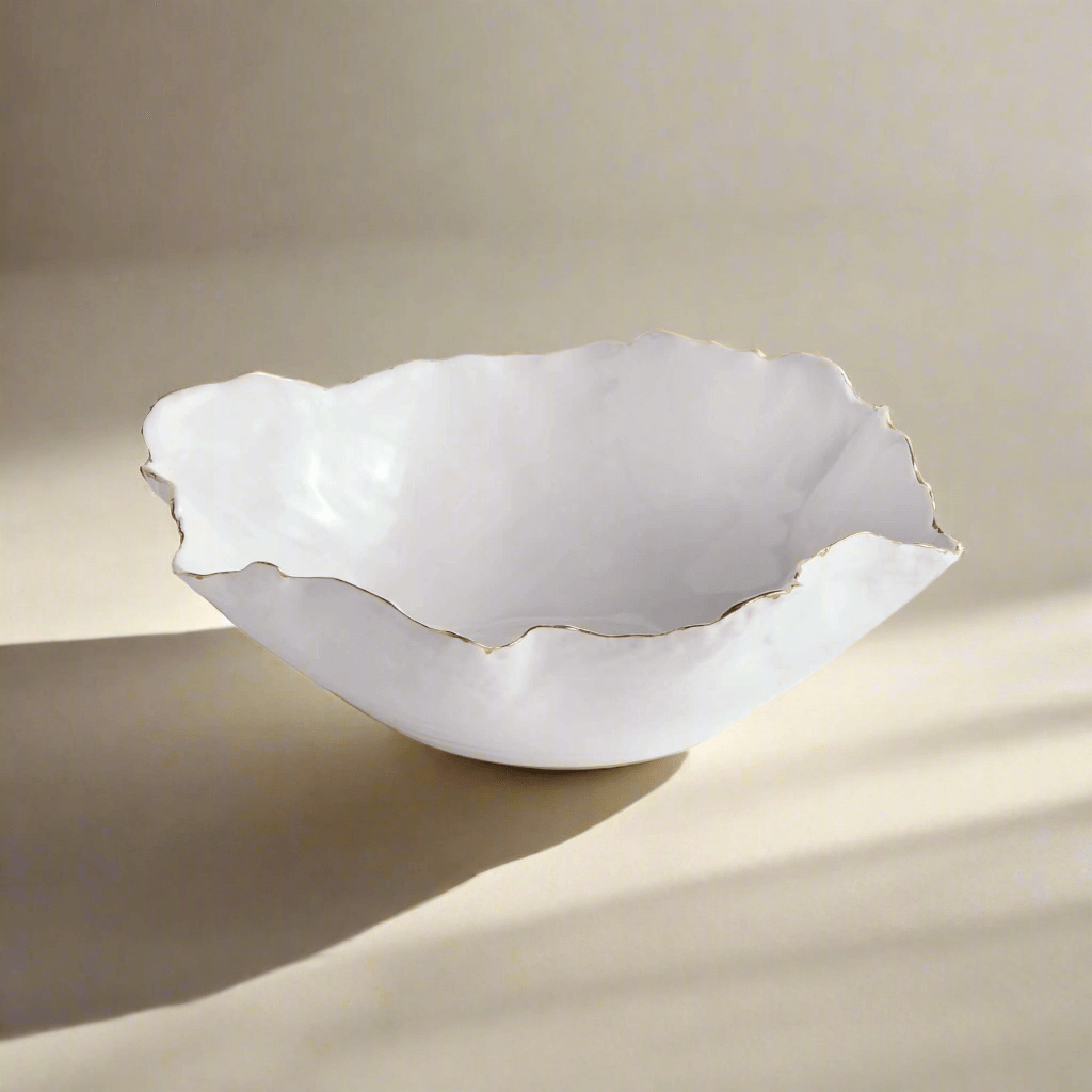 White ceramic bowl with gold scalloped edge on a beige background