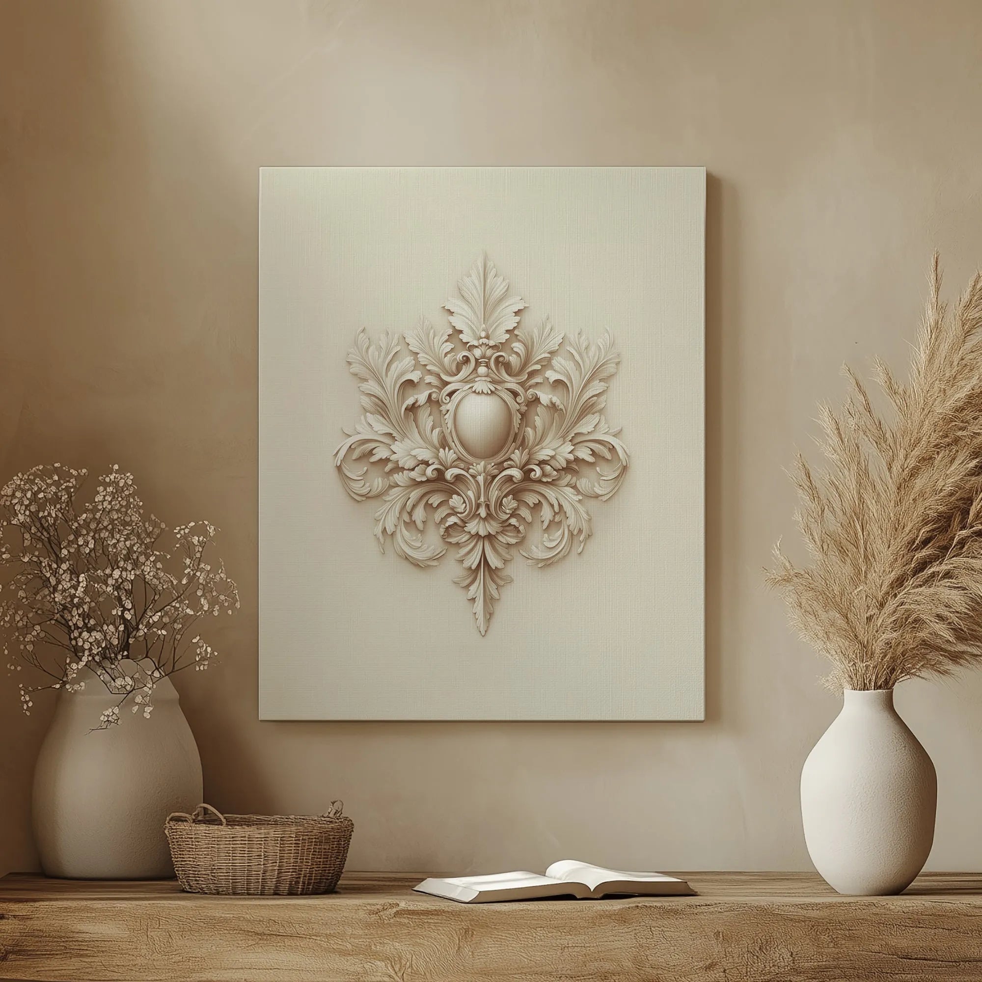 Ivory baroque medallion canvas art displayed above a natural wood shelf with neutral décor, showcasing elegant classical wall art in a warm, serene interior.